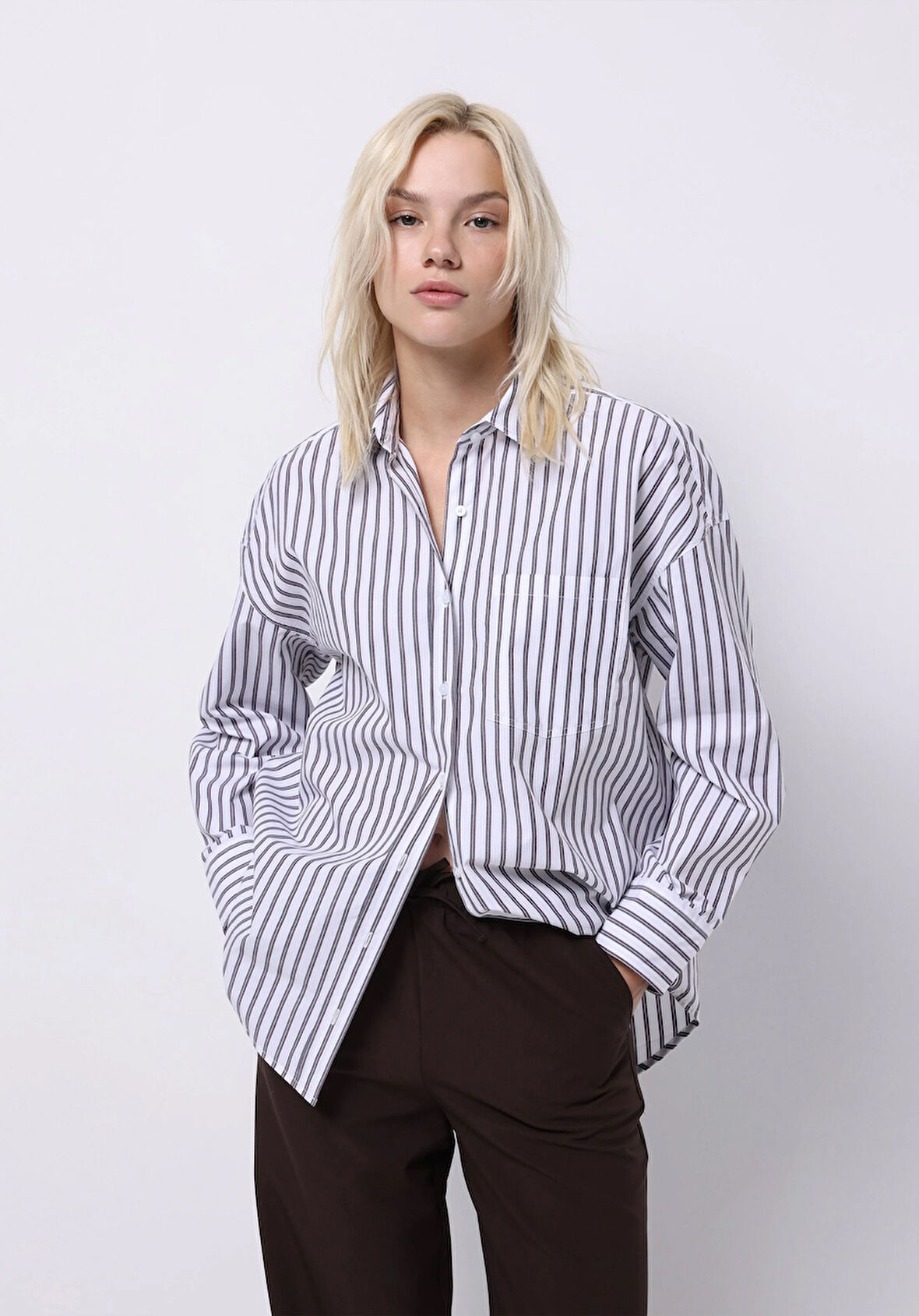 Relax Fit Shirt Neck Çizgili Kadın Mor Uzun Kol Gömlek