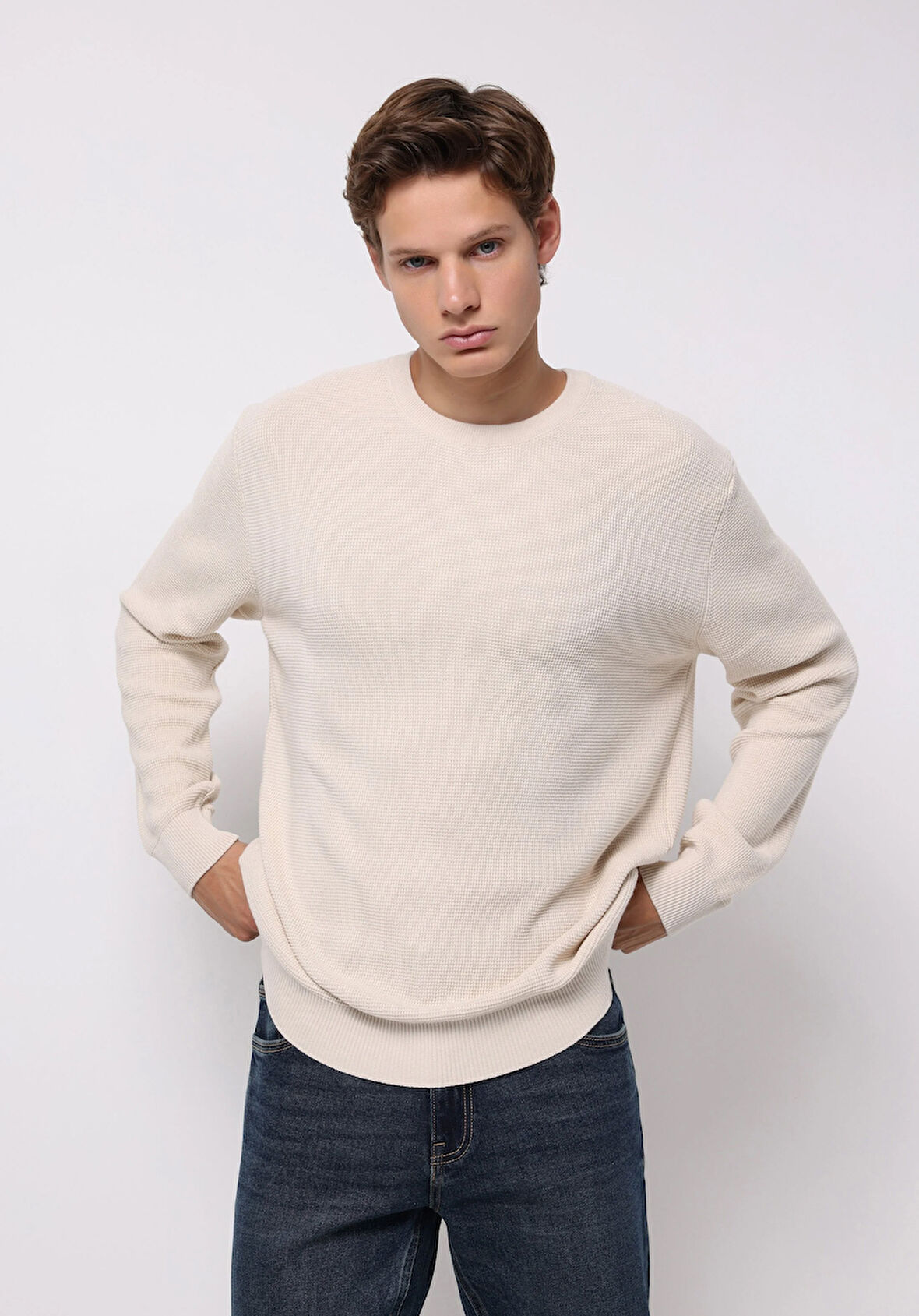 Regular Fit Yuvarlak Yaka Jakarlı Erkek Ekru Kazak