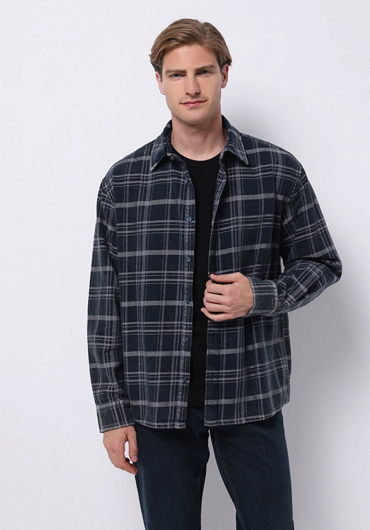 Comfort Fit Shirt Neck Ekoseli Erkek Mavi Uzun Kol Gömlek