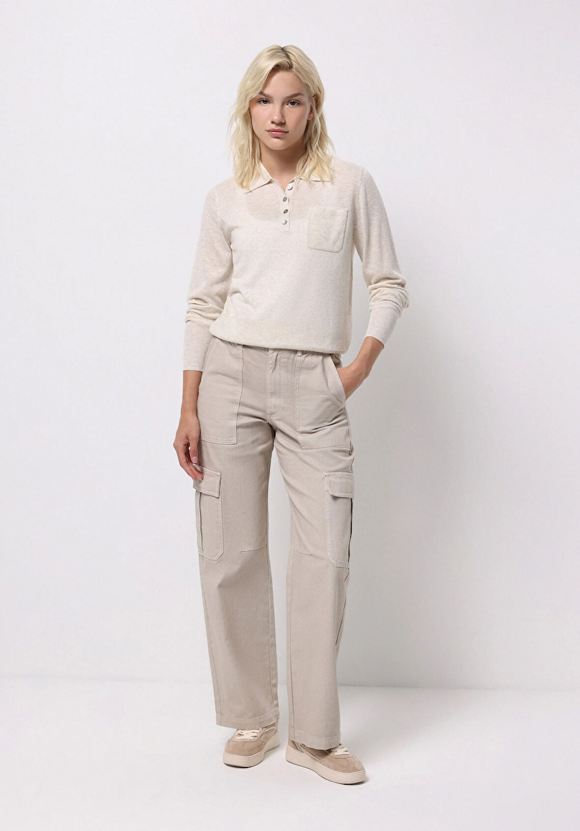 Regular Fit Yüksel Bel Geniş Paça Kadın Bej  Pantolon