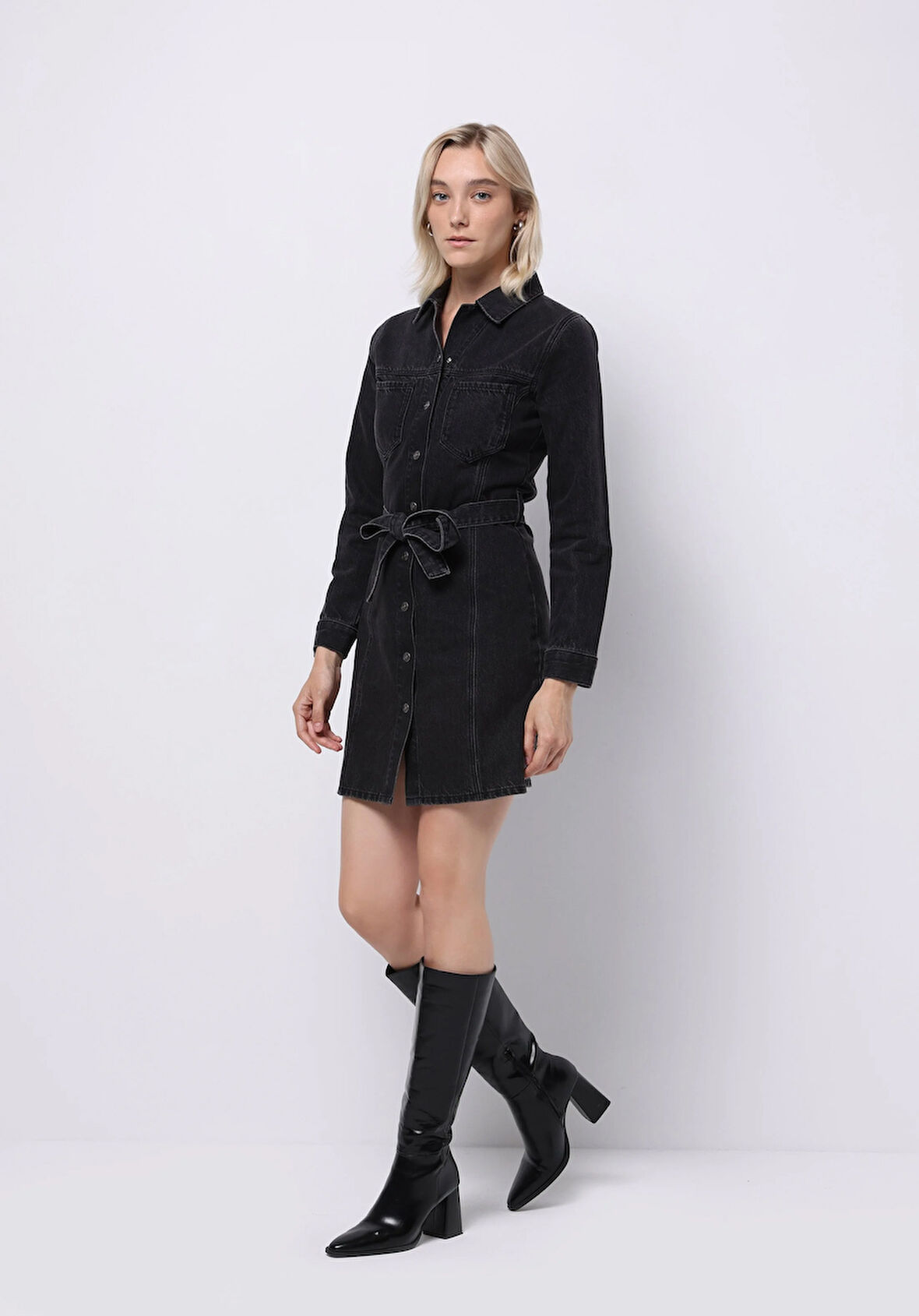 Slim Fit Düz Kadın Siyah Uzun Kol Elbise