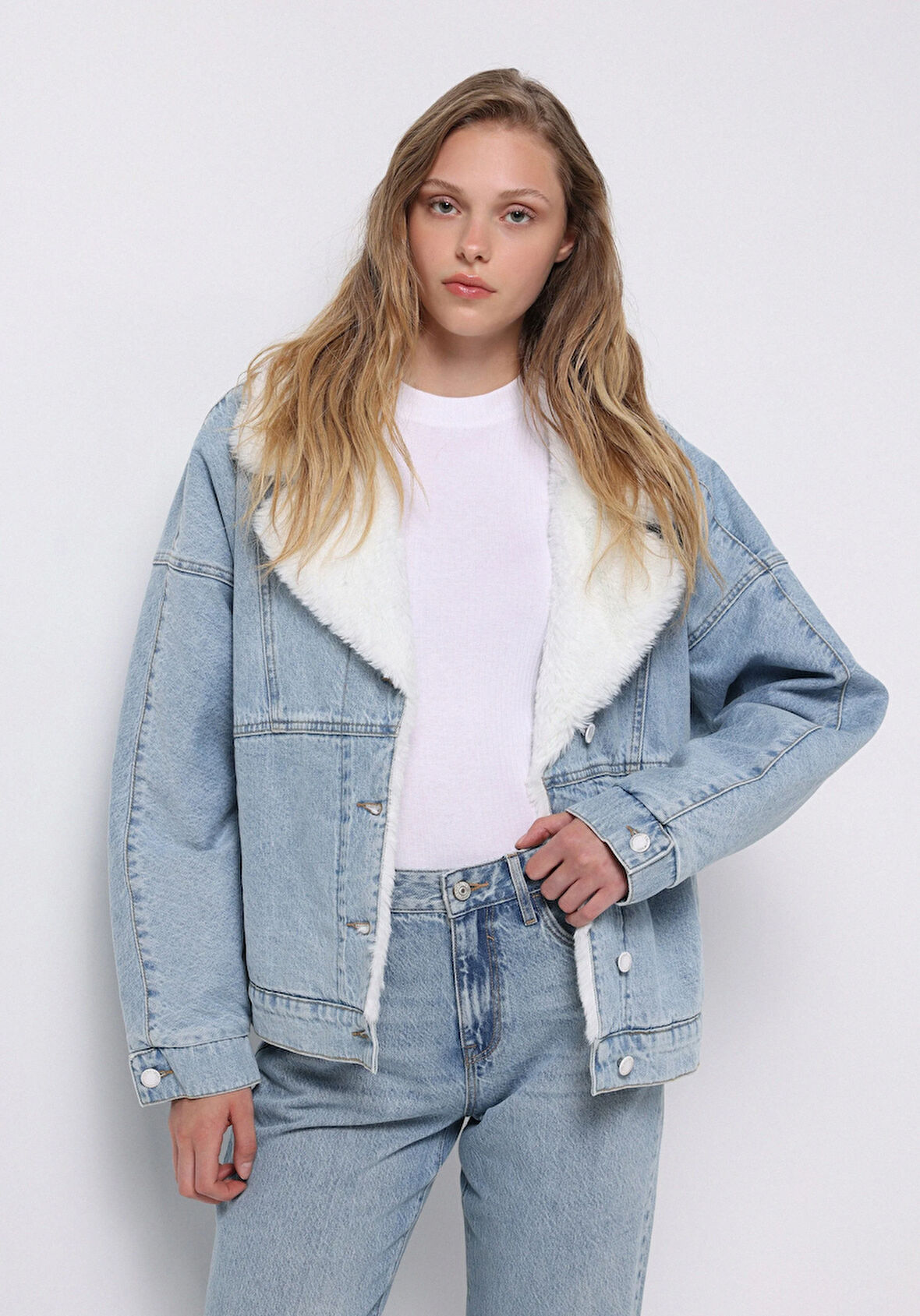 Oversize Fit Fermuarlı Astarsız  Kadın Mavi Ceket