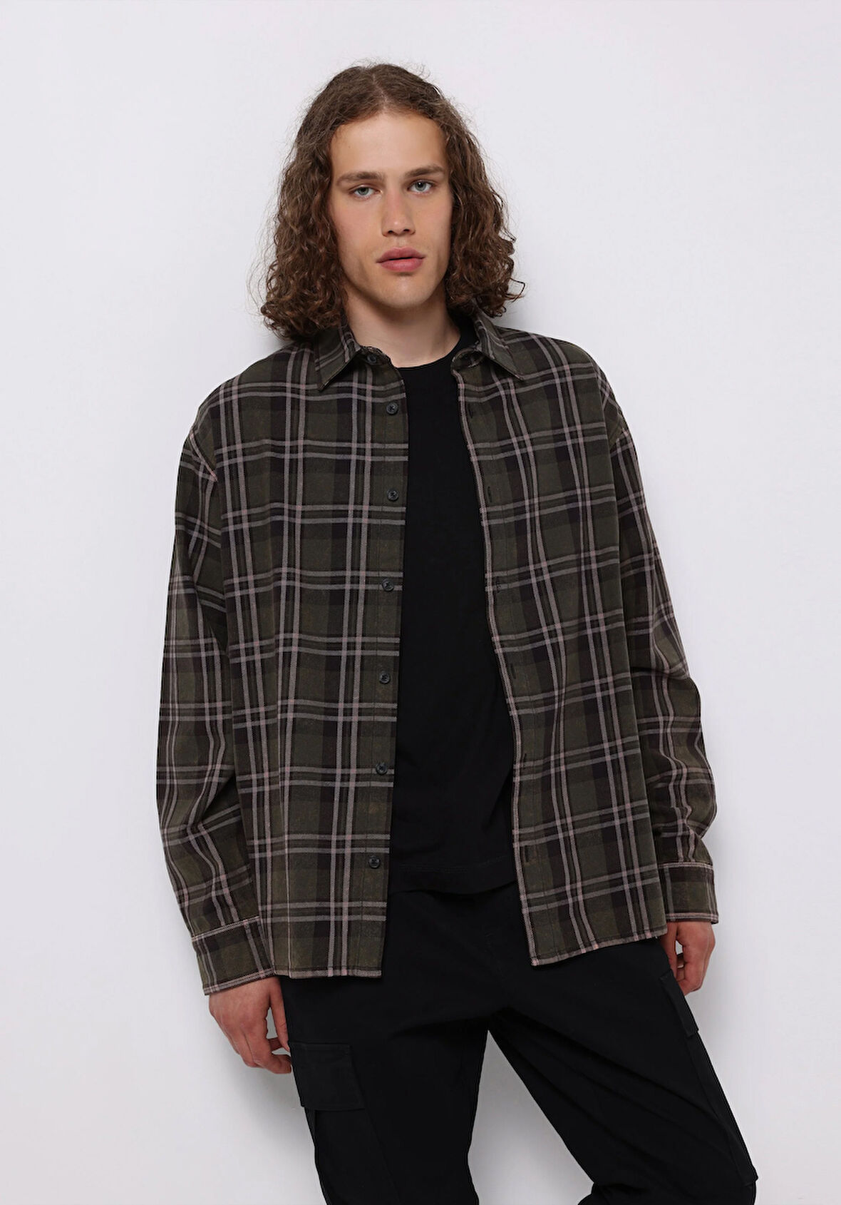 Comfort Fit Shirt Neck Ekoseli Erkek Yeşil Uzun Kol Gömlek