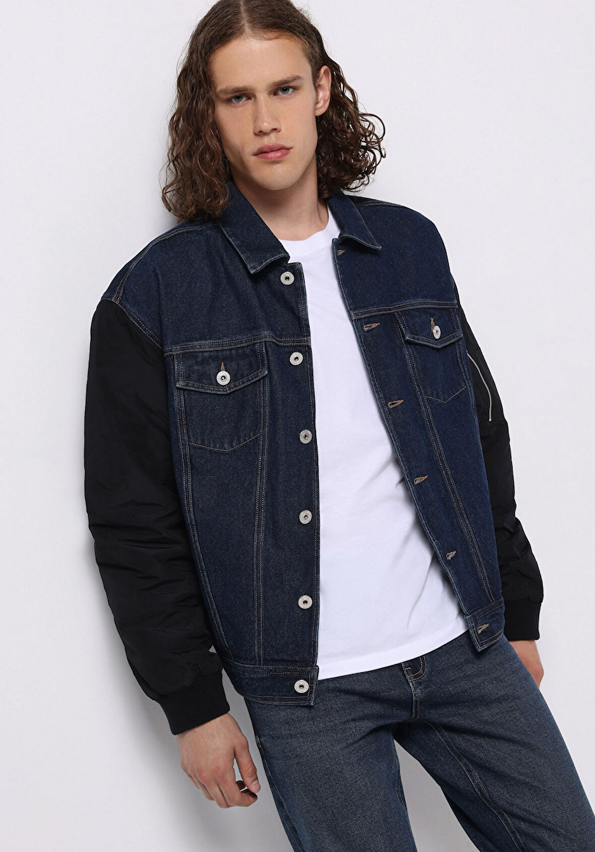 Oversize Fit Düğmeli Astarsız  Erkek Koyu Mavi Ceket