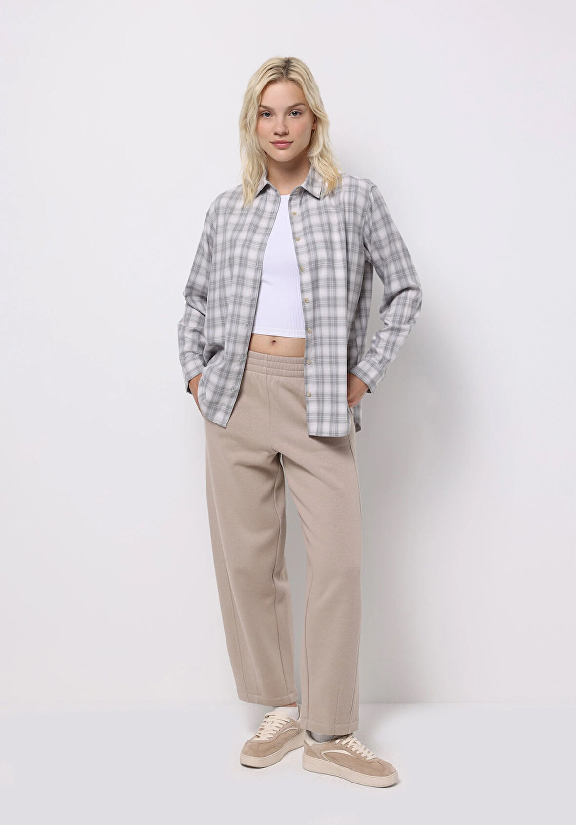 Regular Fit Orta Bel Düz Kadın Bej Eşofman Altı