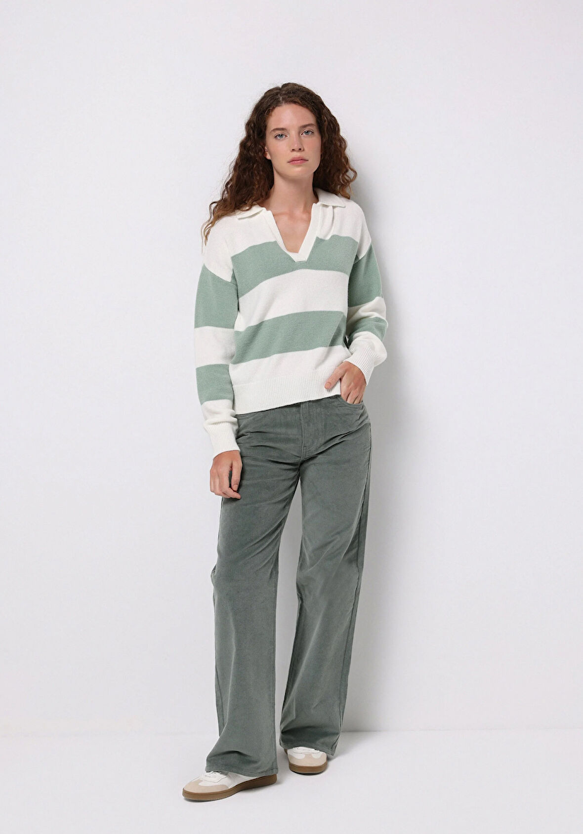 Berry Fit Yüksel Bel Geniş Paça Kadın Yeşil  Pantolon