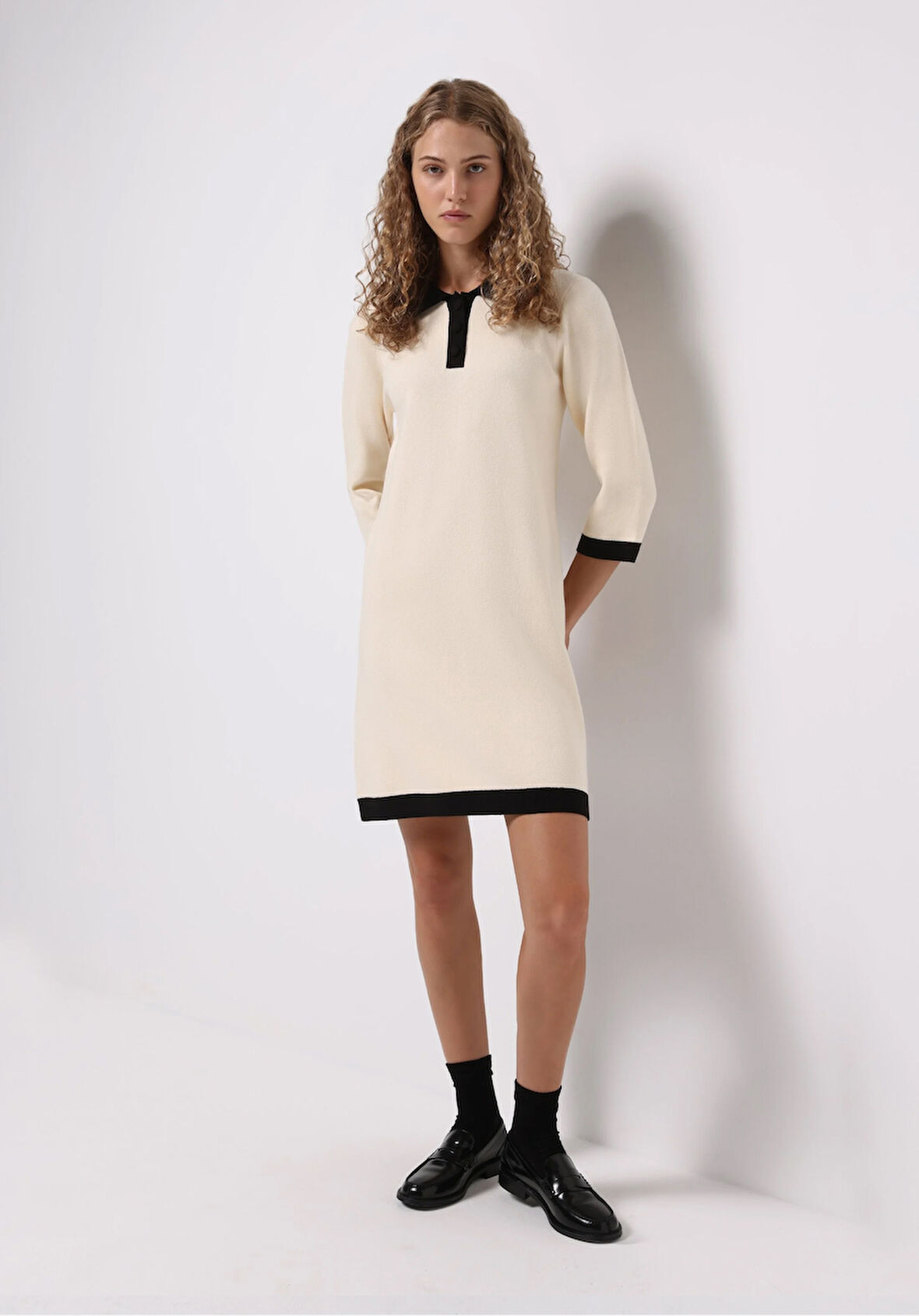 Regular Fit Düz Kadın Ekru ¾ Kol Elbise