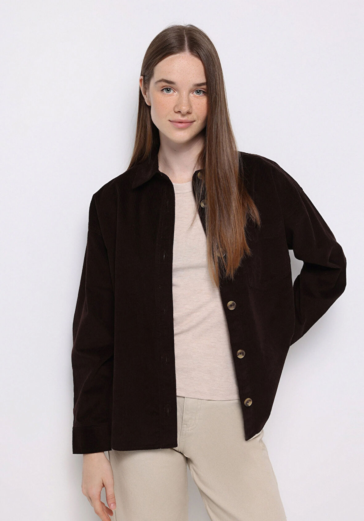 Regular Fit Shirt Neck Düz Kadın Kahverengi Uzun Kol Gömlek