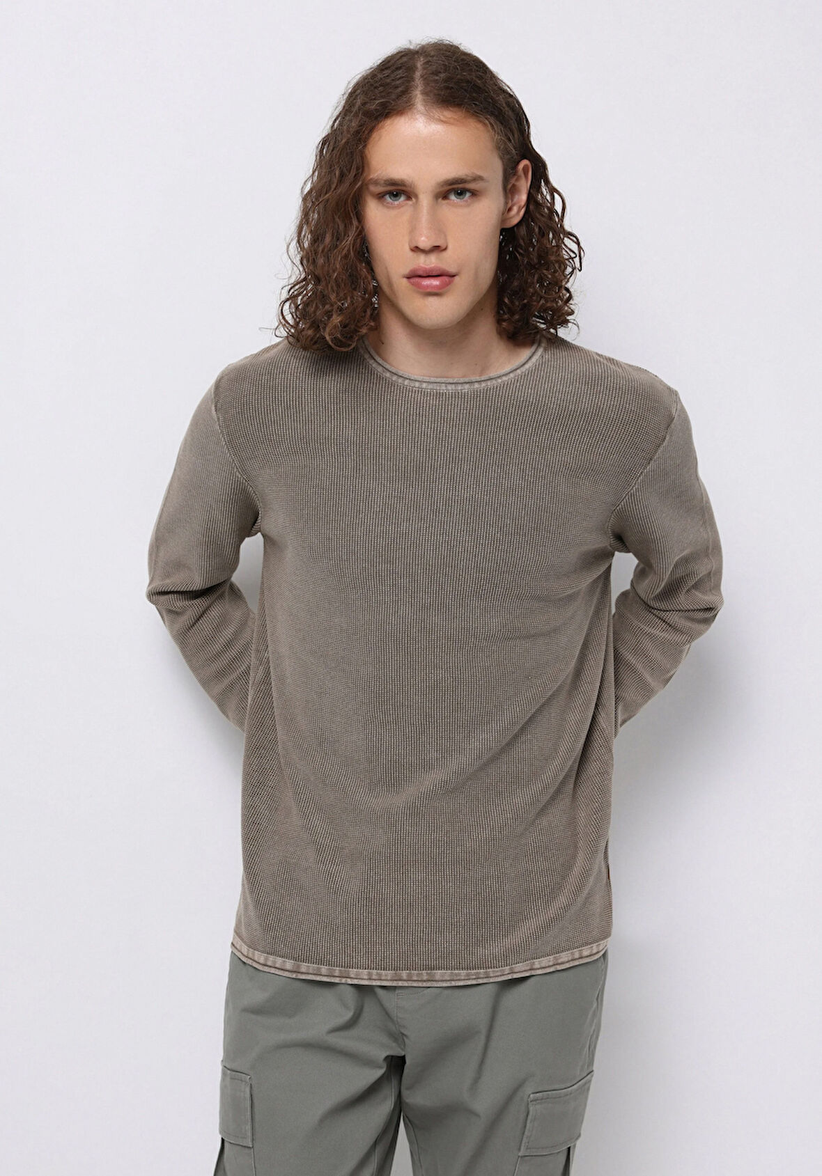 Regular Fit Yuvarlak Yaka Jakarlı Erkek Bej Kazak