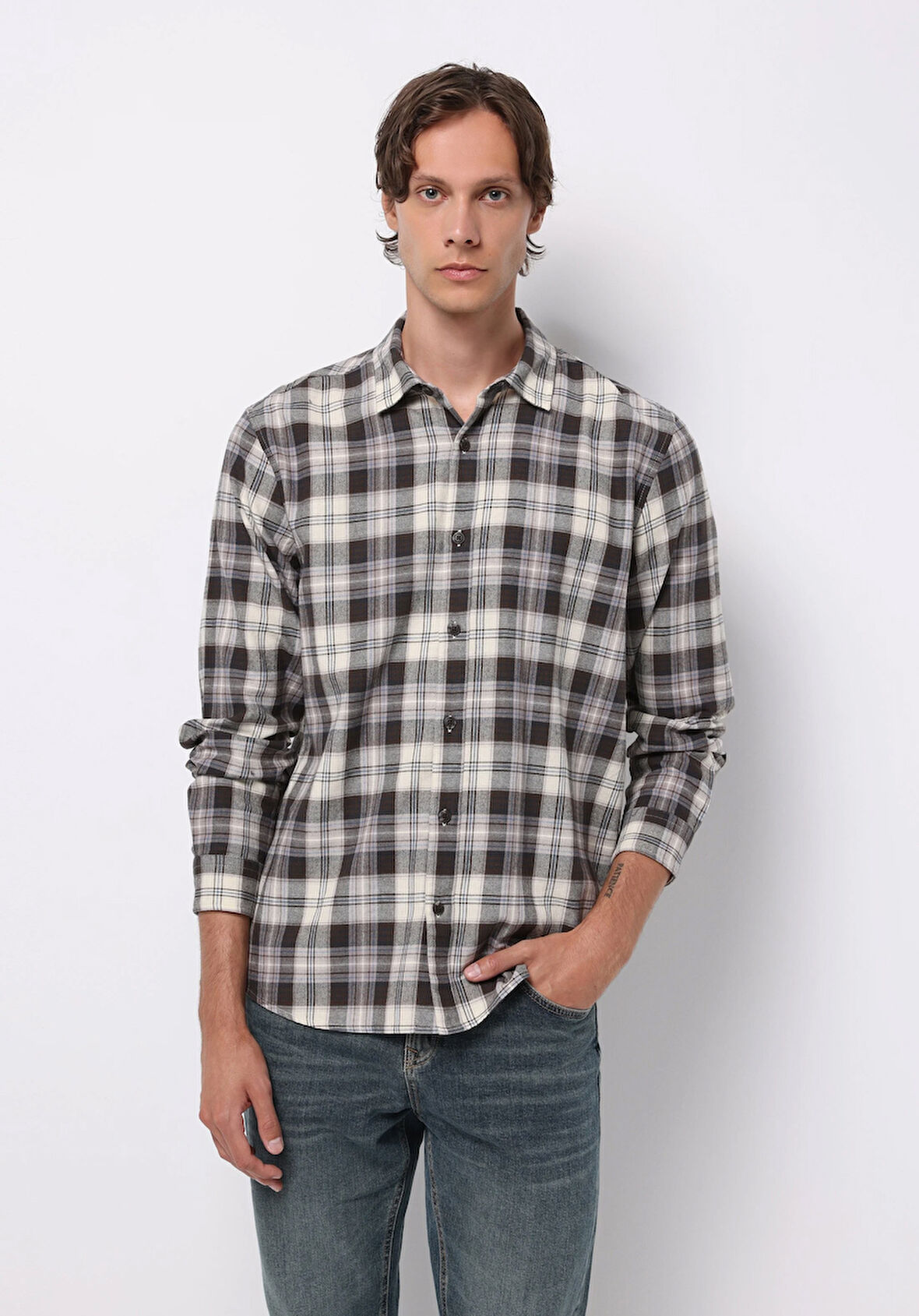 Regular Fit Shirt Neck Ekoseli Erkek Kahverengi Uzun Kol Gömlek