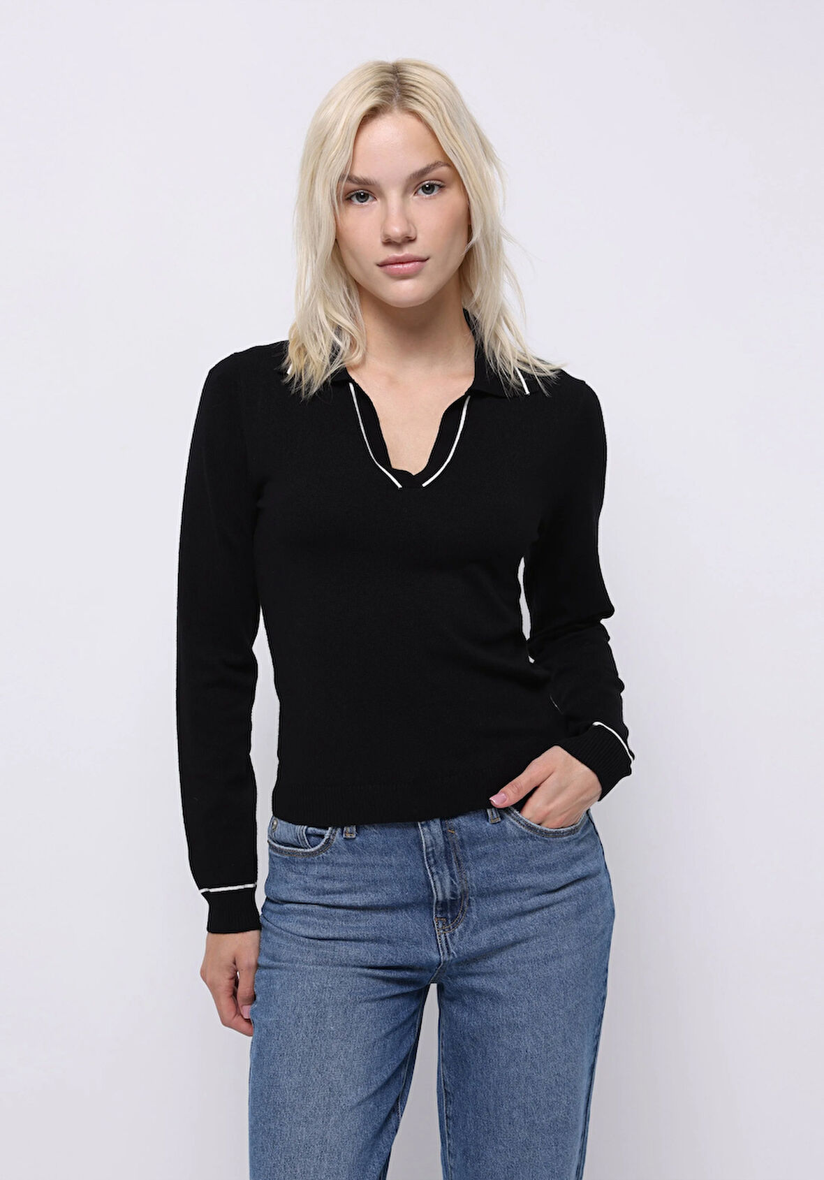 Slim Fit Polo Yaka Düz Kadın Siyah Kazak