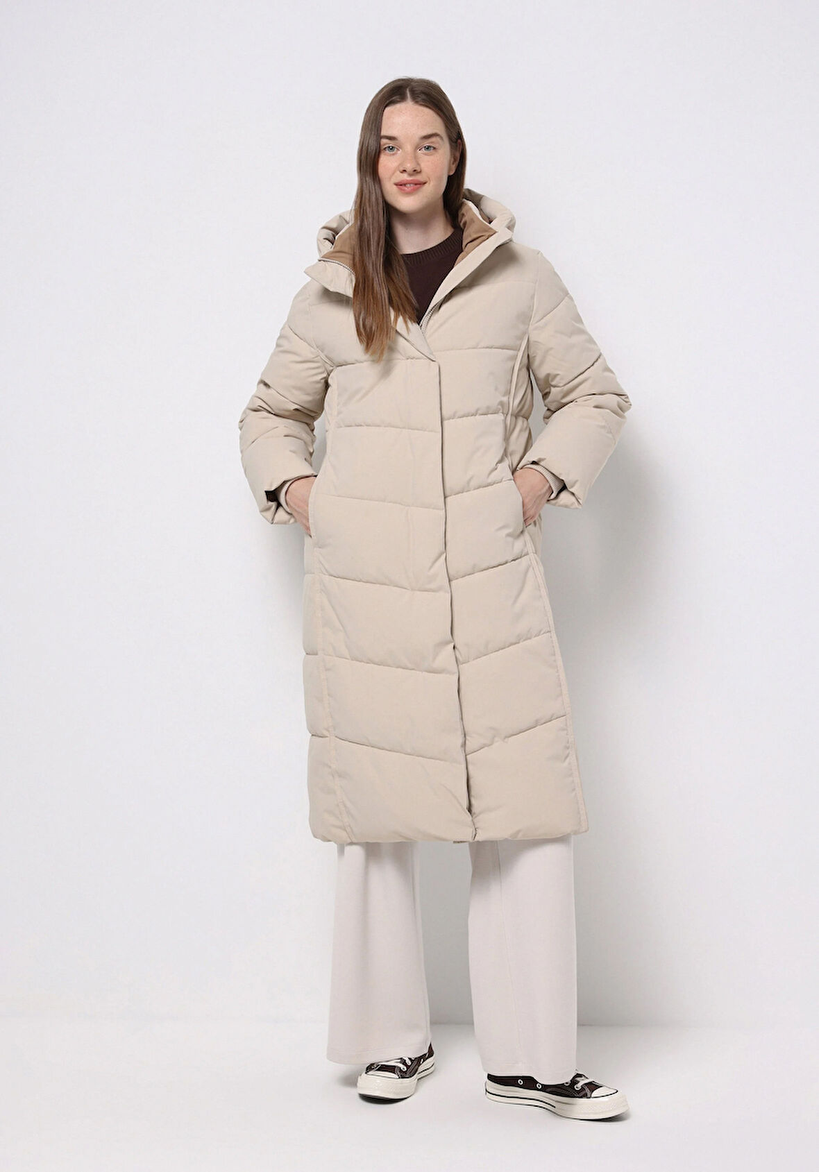 Regular Fit Kapüşonlu Fermuarlı Astarlı Suya Dayanıklı Kadın Ekru Kaban