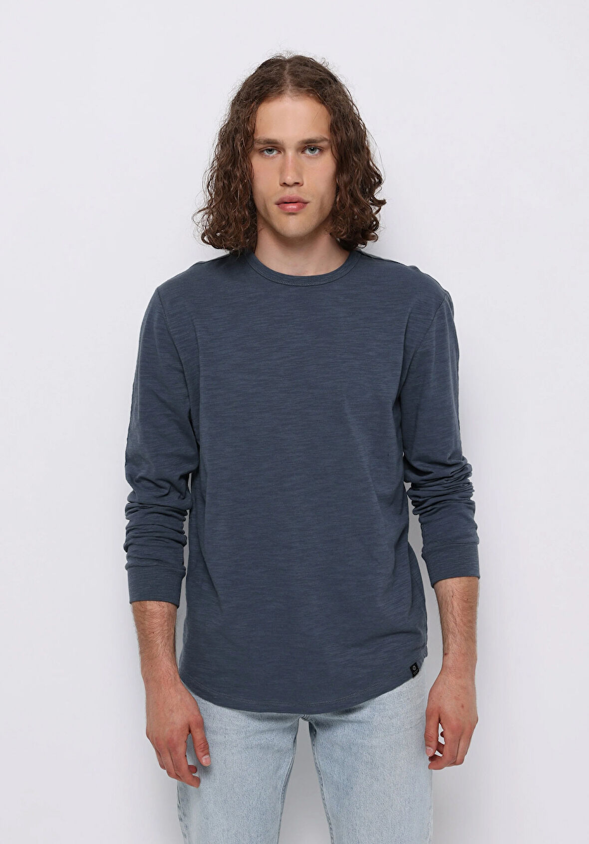 Regular Fit Yuvarlak Yaka Düz Erkek Mavi Uzun Kol Tişört