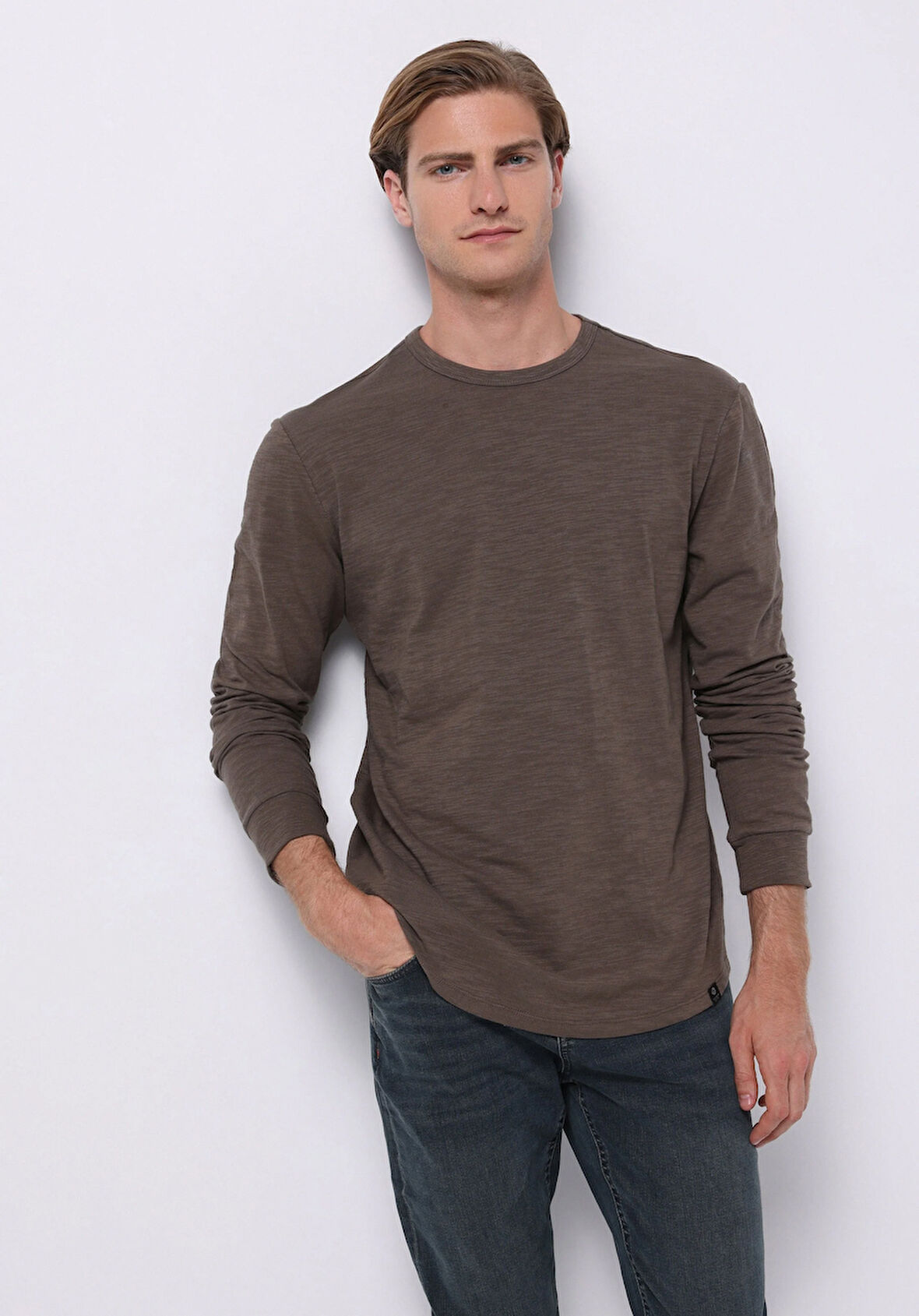 Regular Fit Yuvarlak Yaka Düz Erkek Gri Uzun Kol Tişört