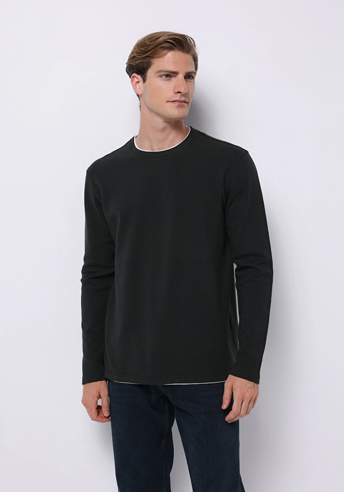 Regular Fit Yuvarlak Yaka Jakarlı Erkek Yeşil Uzun Kol Tişört