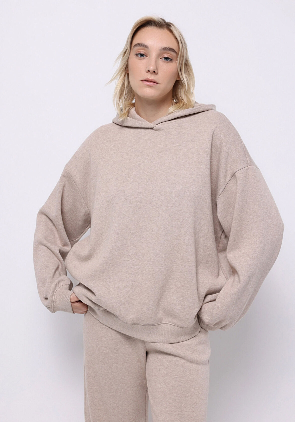 Oversize Fit Kapüşonlu Düz Kadın Bej Sweatshirt