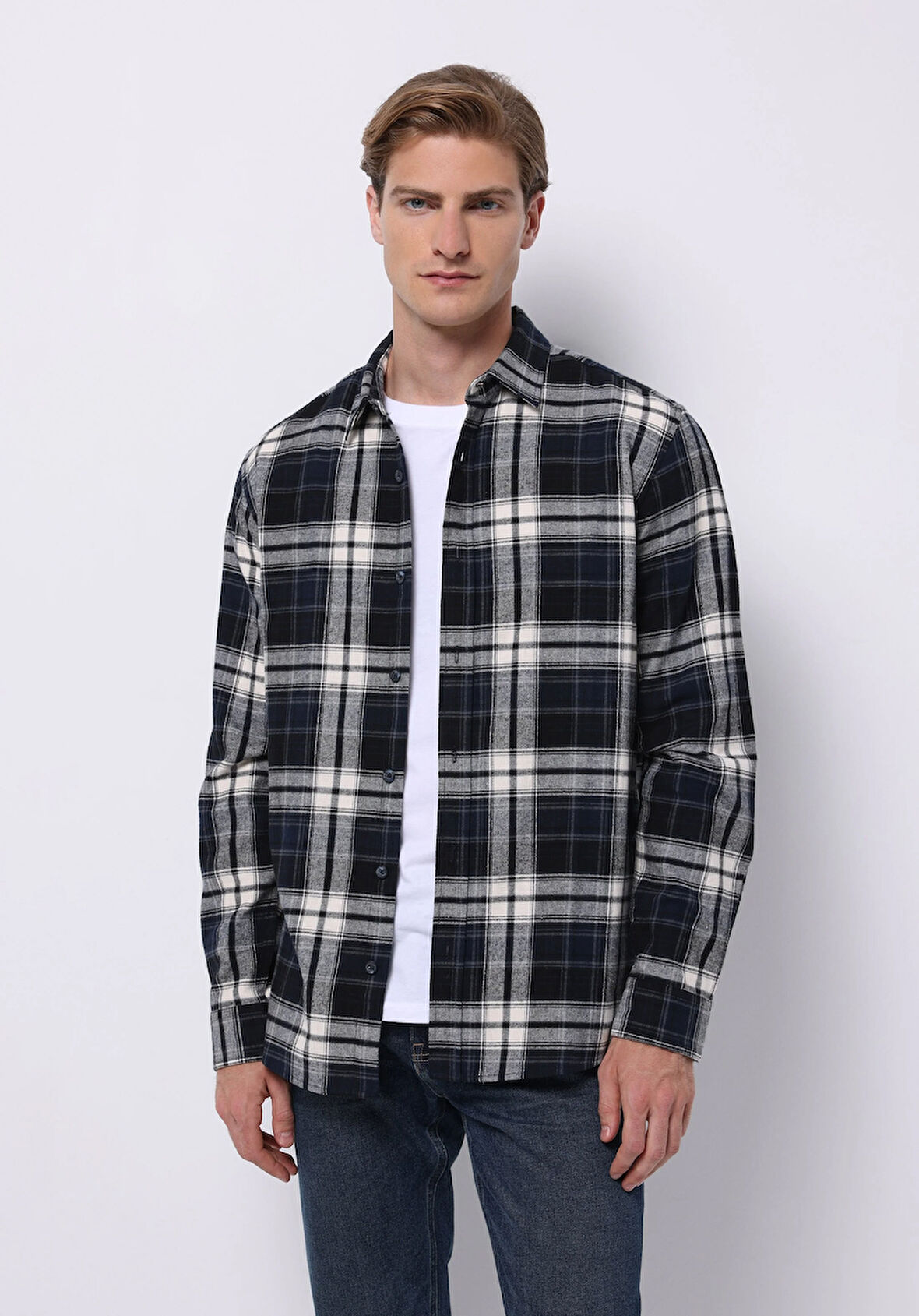 Regular Fit Shirt Neck Ekoseli Erkek Lacivert Uzun Kol Gömlek