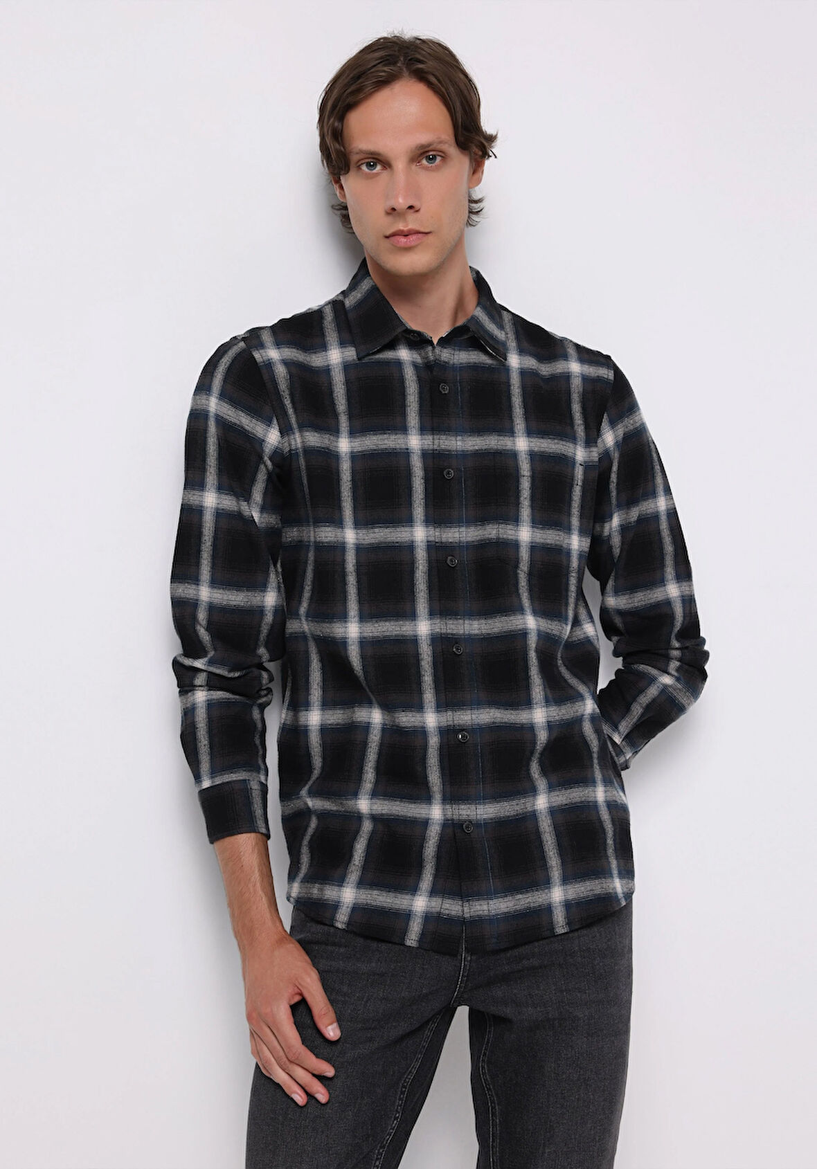 Regular Fit Shirt Neck Ekoseli Erkek Lacivert Uzun Kol Gömlek