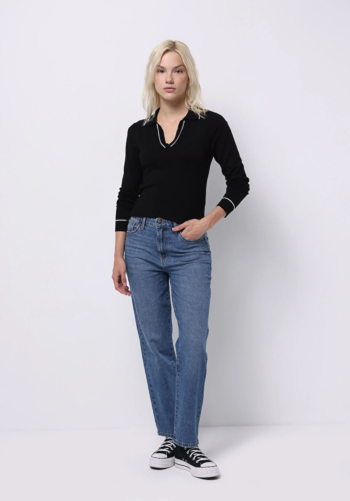 Straight Fit Yüksek Bel Düz Paça Kadın Siyah Jean Pantolon
