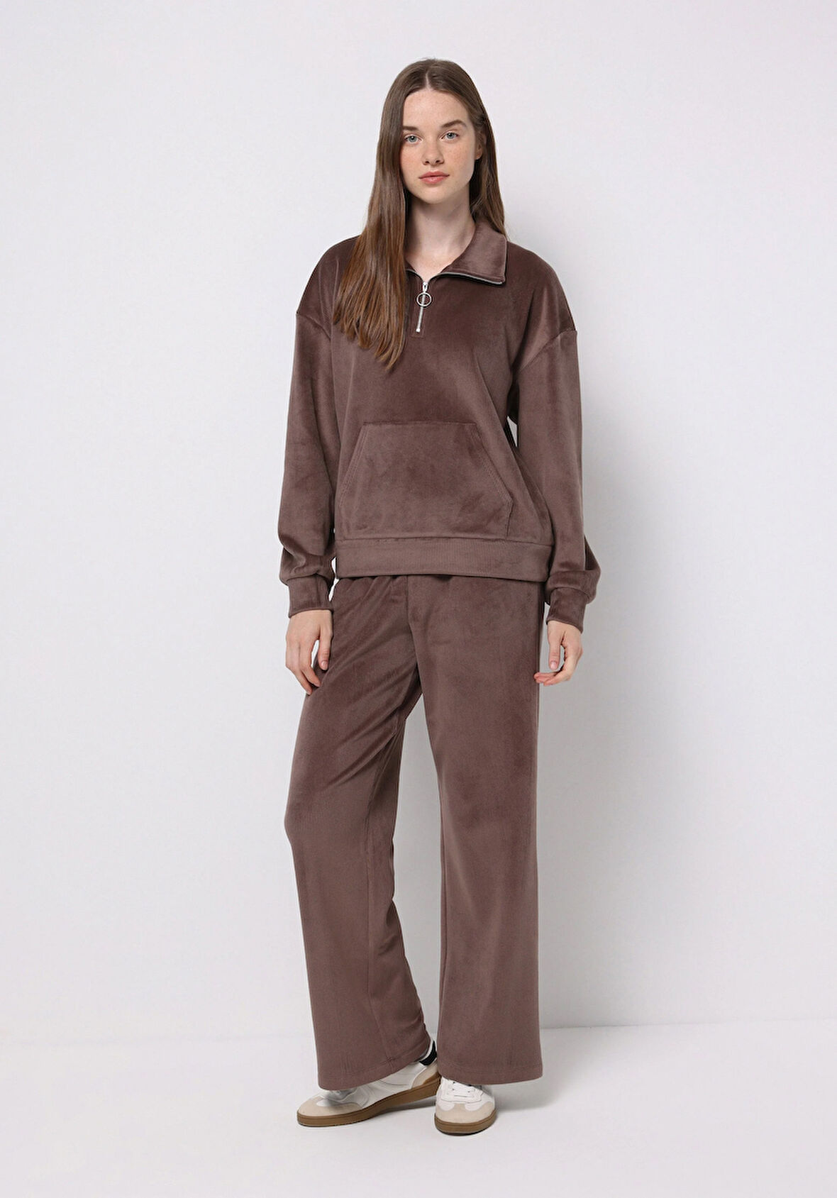 Regular Fit Orta Bel Düz Kadın Kahverengi Eşofman Altı