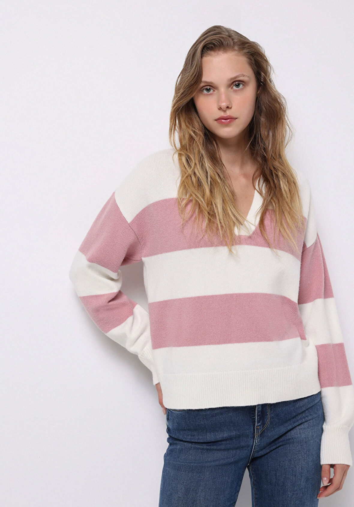 Regular Fit Polo Yaka Çizgili Kadın Pembe Kazak