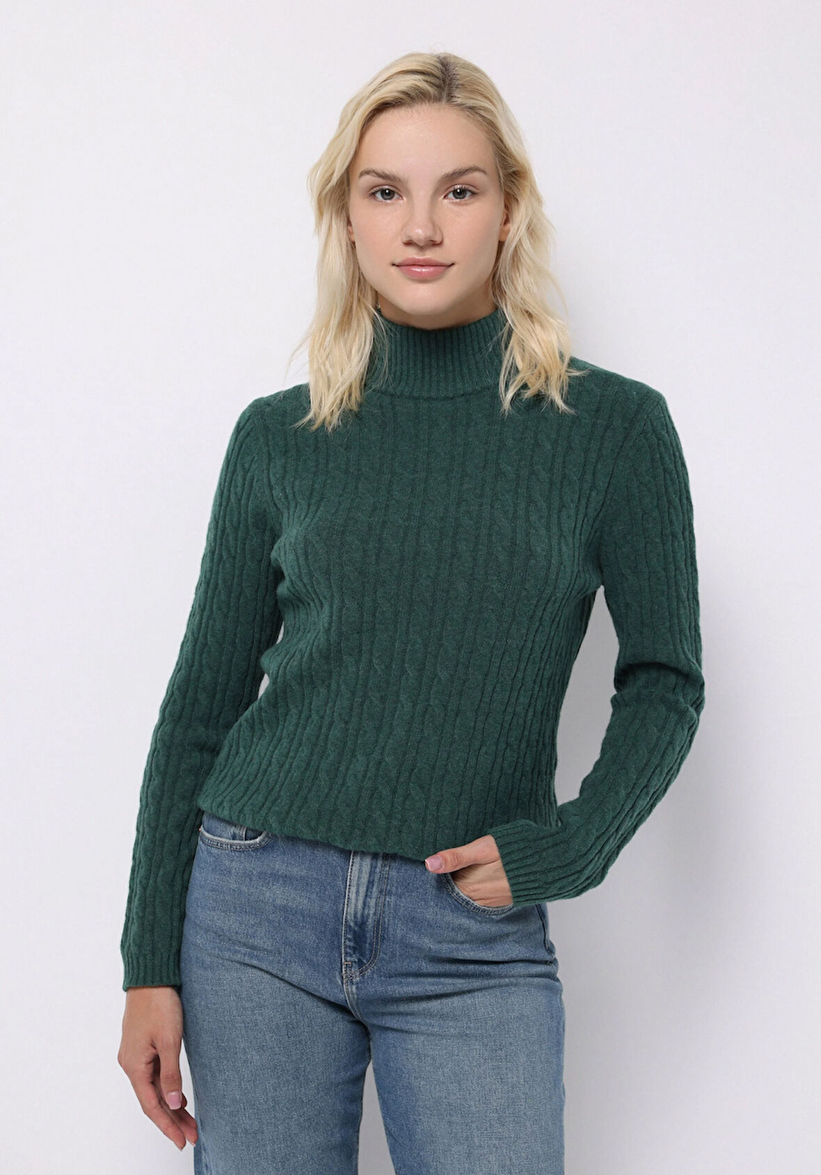 Regular Fit Yarım Balıkçı Yaka Düz Kadın Yeşil Kazak