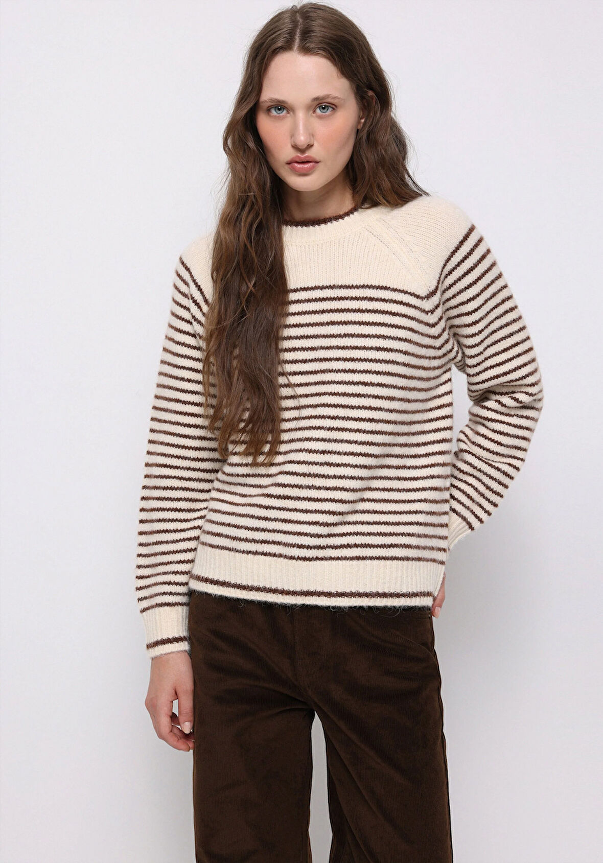 Regular Fit Yuvarlak Yaka Çizgili Kadın Bej Kazak