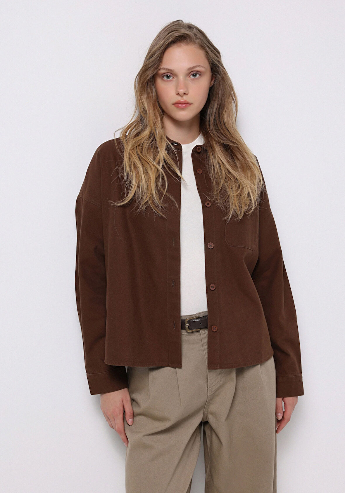 Relax Fit Shirt Neck Düz Kadın Kahverengi Uzun Kol Gömlek