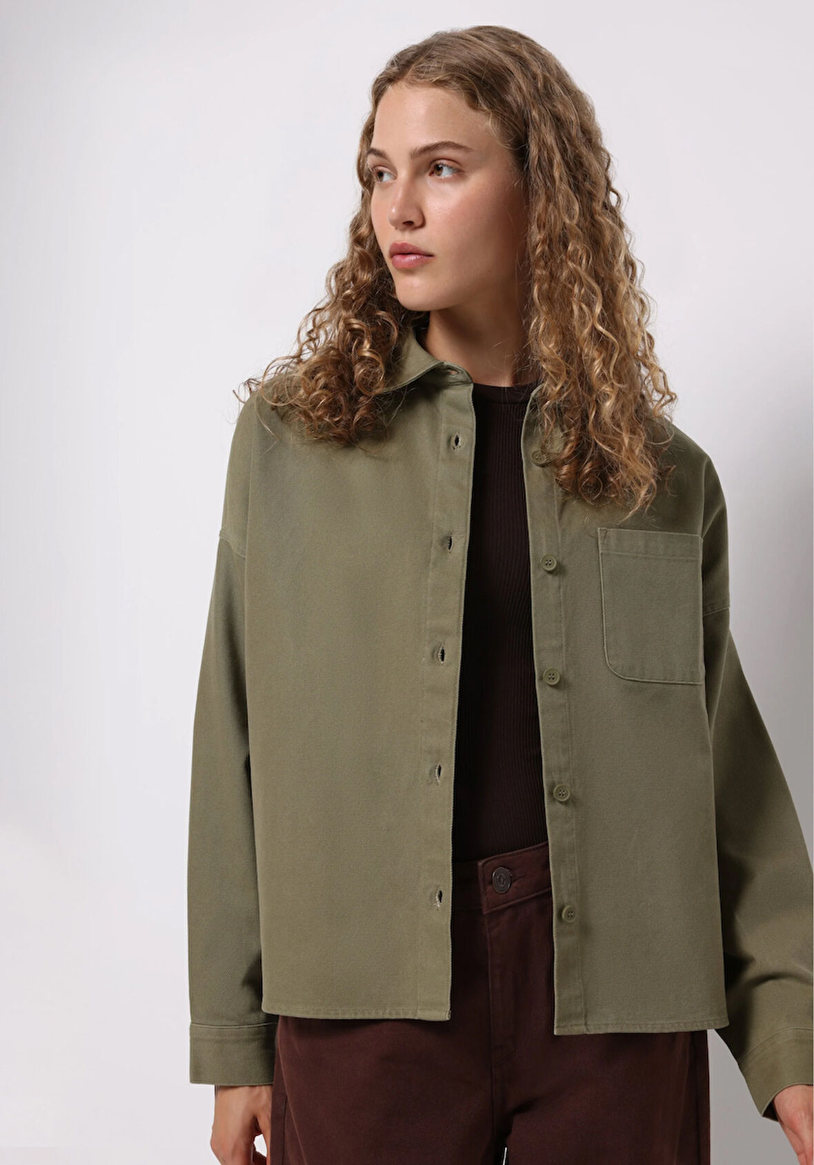 Relax Fit Shirt Neck Düz Kadın Yeşil Uzun Kol Gömlek