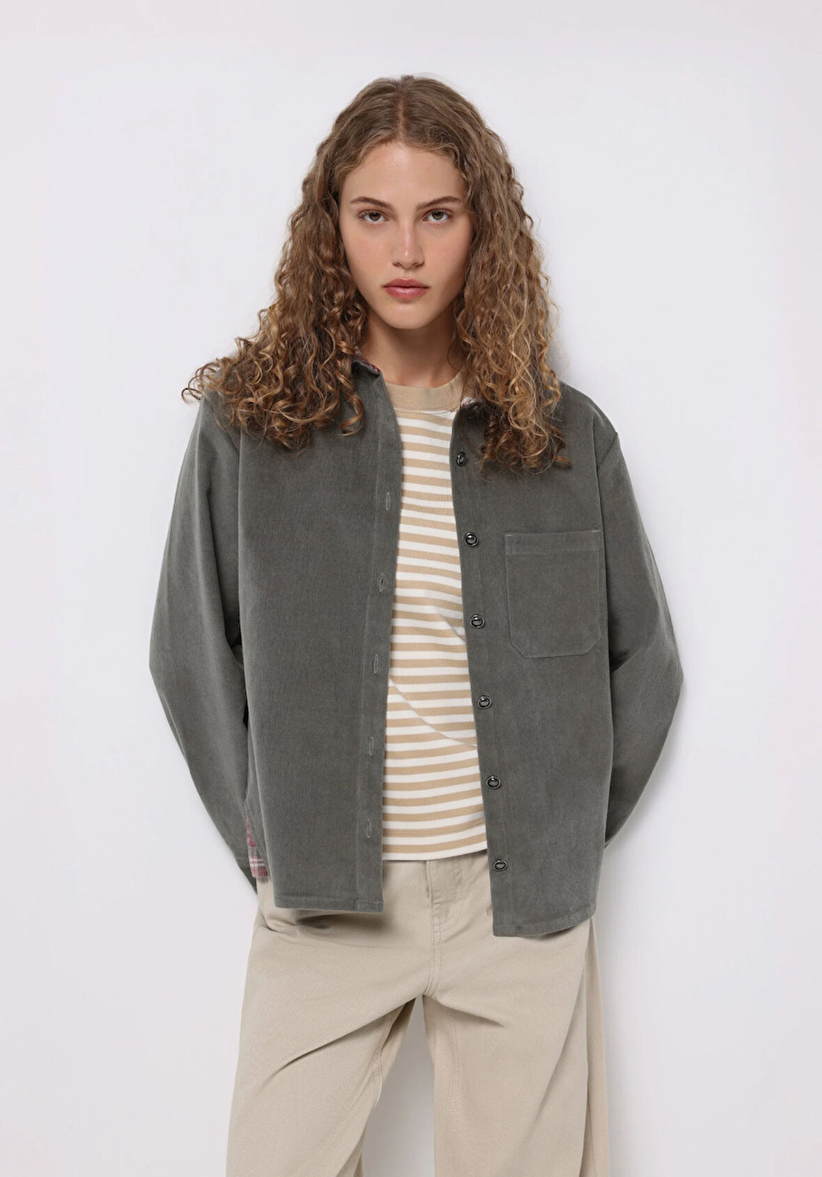 Regular Fit Shirt Neck Düz Kadın Yeşil Uzun Kol Gömlek