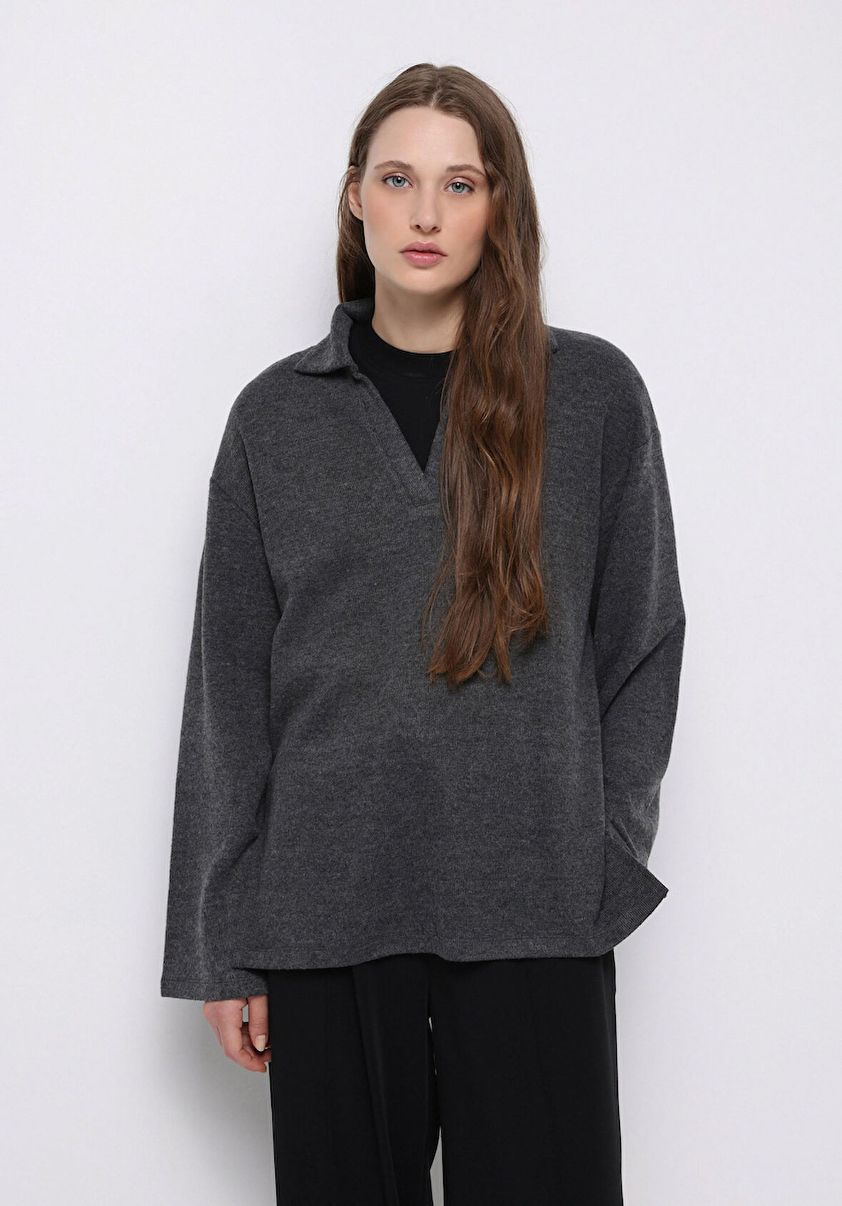 Regular Fit Polo Yaka Düz Kadın Antrasit Tişört