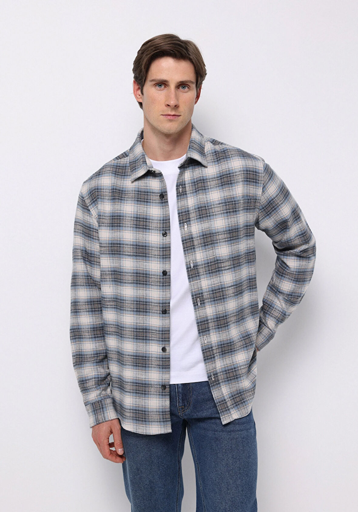 Regular Fit Shirt Neck Ekoseli Erkek Mavi Uzun Kol Gömlek