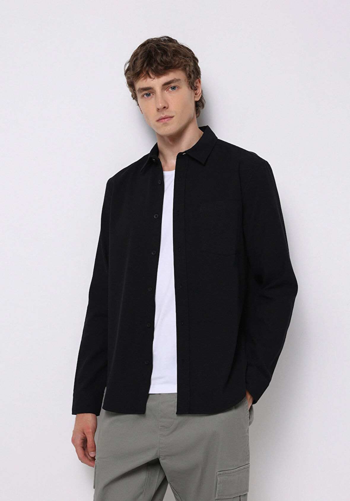 Slim Fit Shirt Neck Ekoseli Erkek Siyah Uzun Kol Gömlek