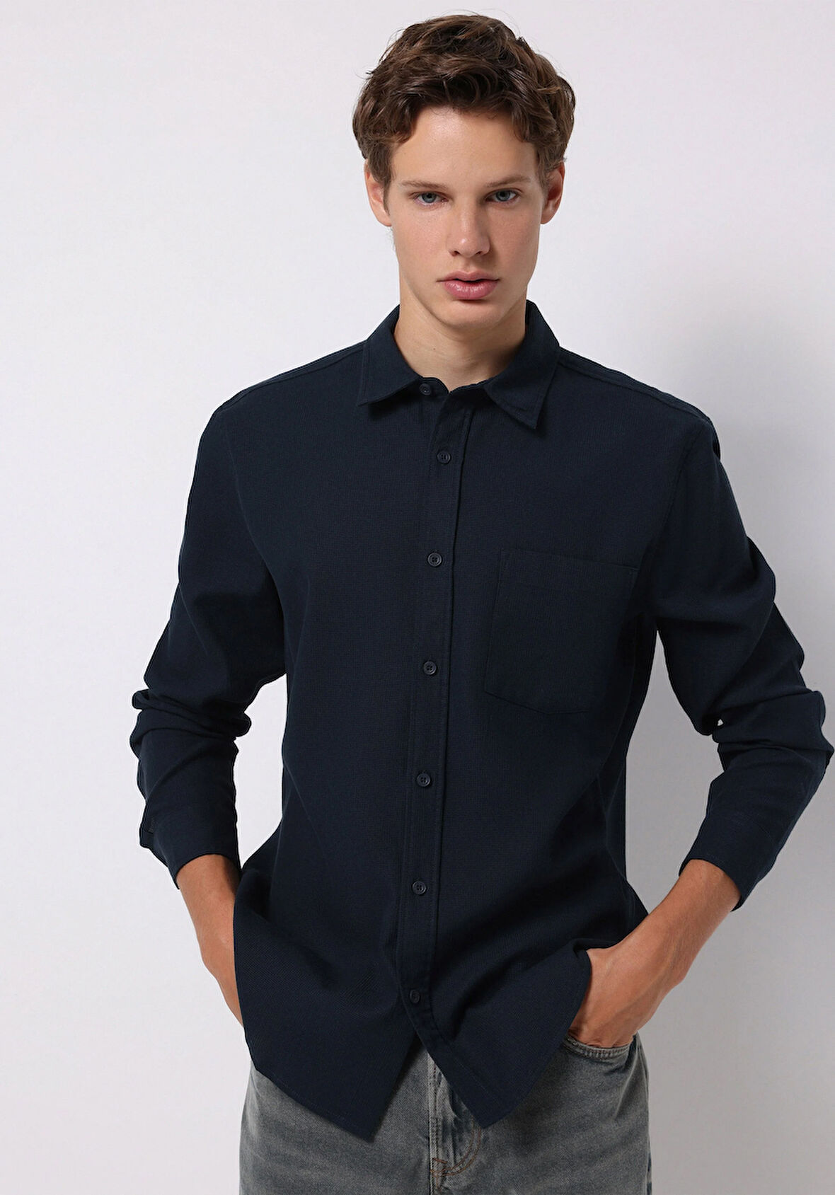 Slim Fit Shirt Neck Ekoseli Erkek Lacivert Uzun Kol Gömlek