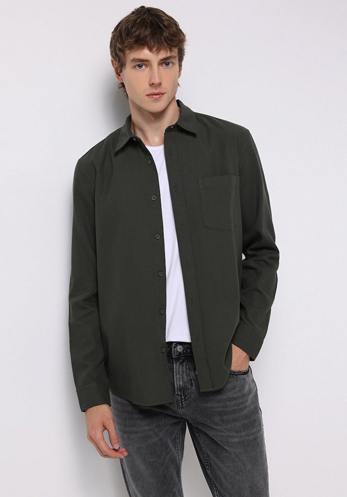 Slim Fit Shirt Neck Ekoseli Erkek Yeşil Uzun Kol Gömlek