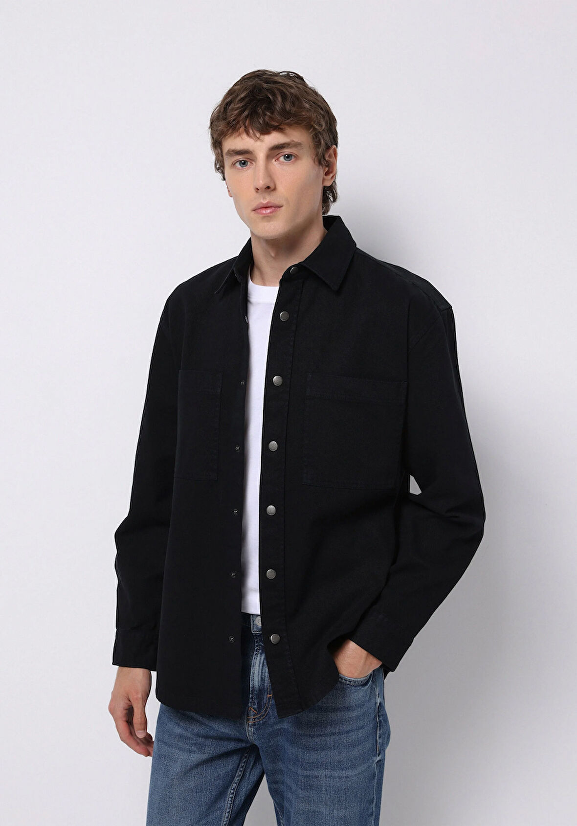 Comfort Fit Shirt Neck Düz Erkek Siyah Shacket
