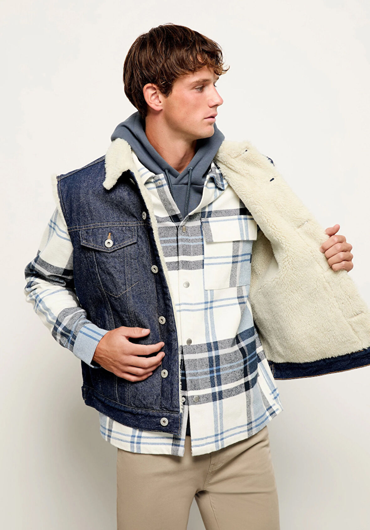 Comfort Fit Shirt Neck Ekoseli Erkek Mavi Shacket