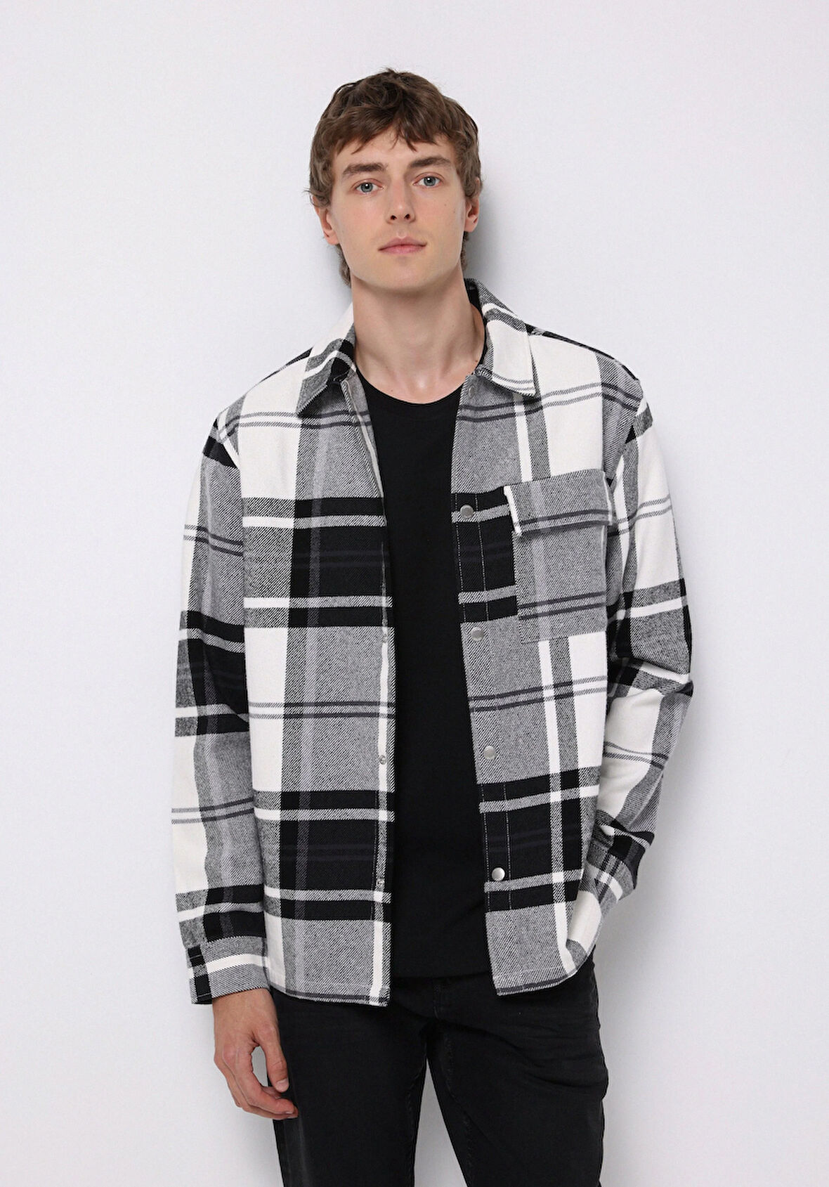 Comfort Fit Shirt Neck Ekoseli Erkek Siyah Shacket