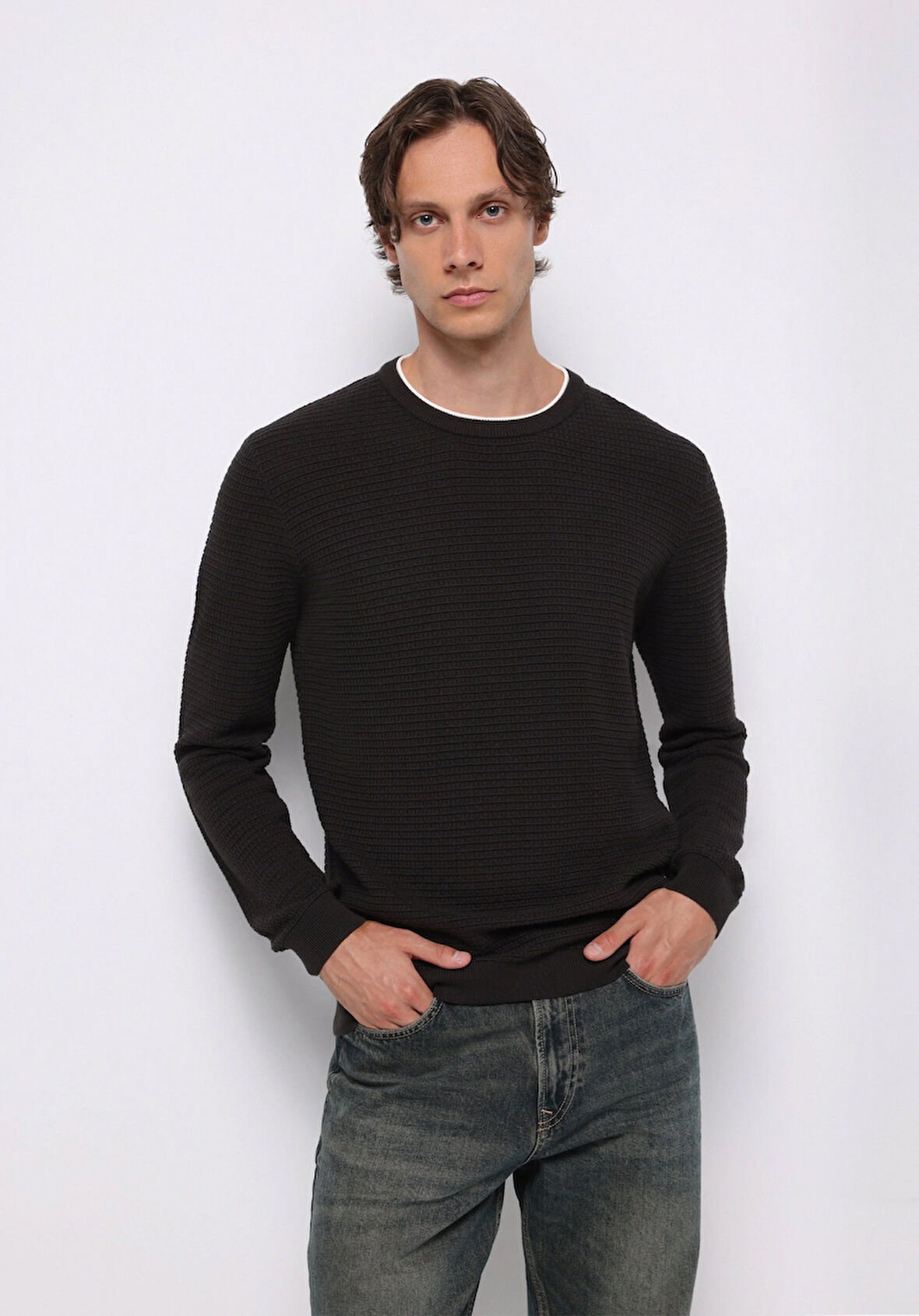 Regular Fit Yuvarlak Yaka Jakarlı Erkek Antrasit Kazak