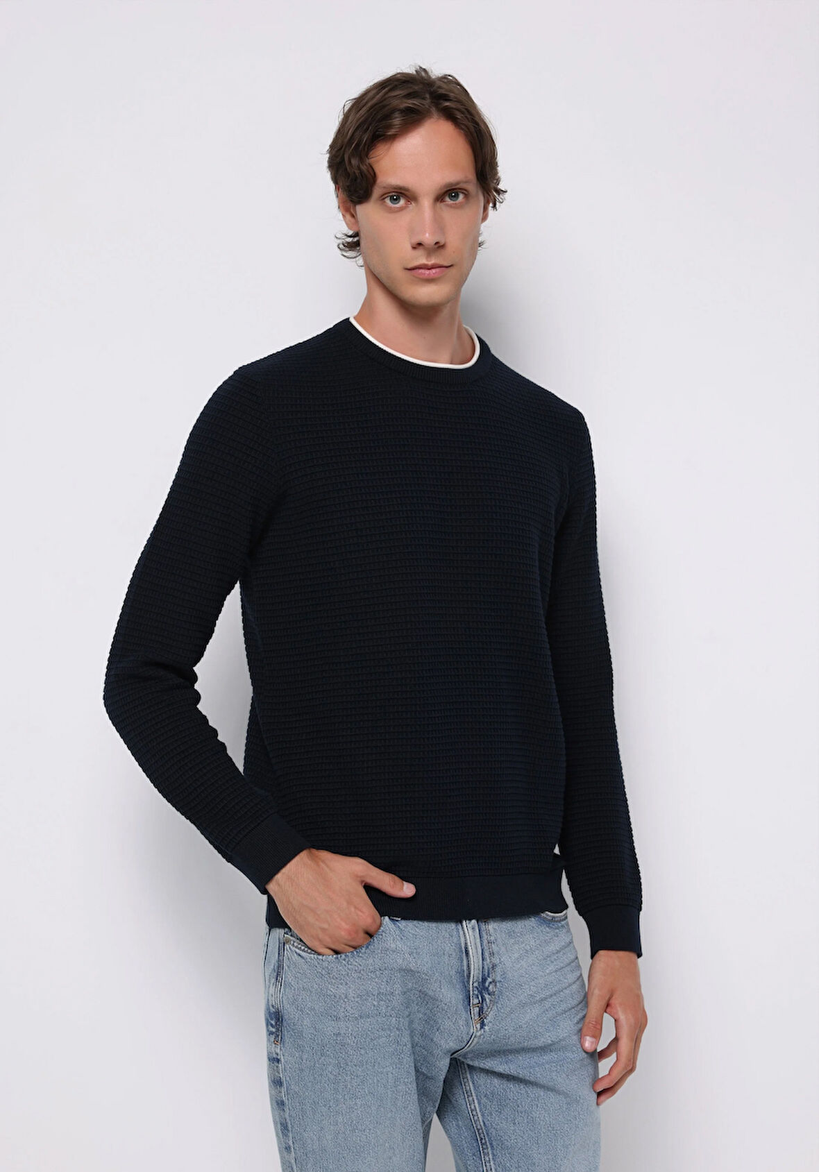 Regular Fit Yuvarlak Yaka Jakarlı Erkek Lacivert Kazak