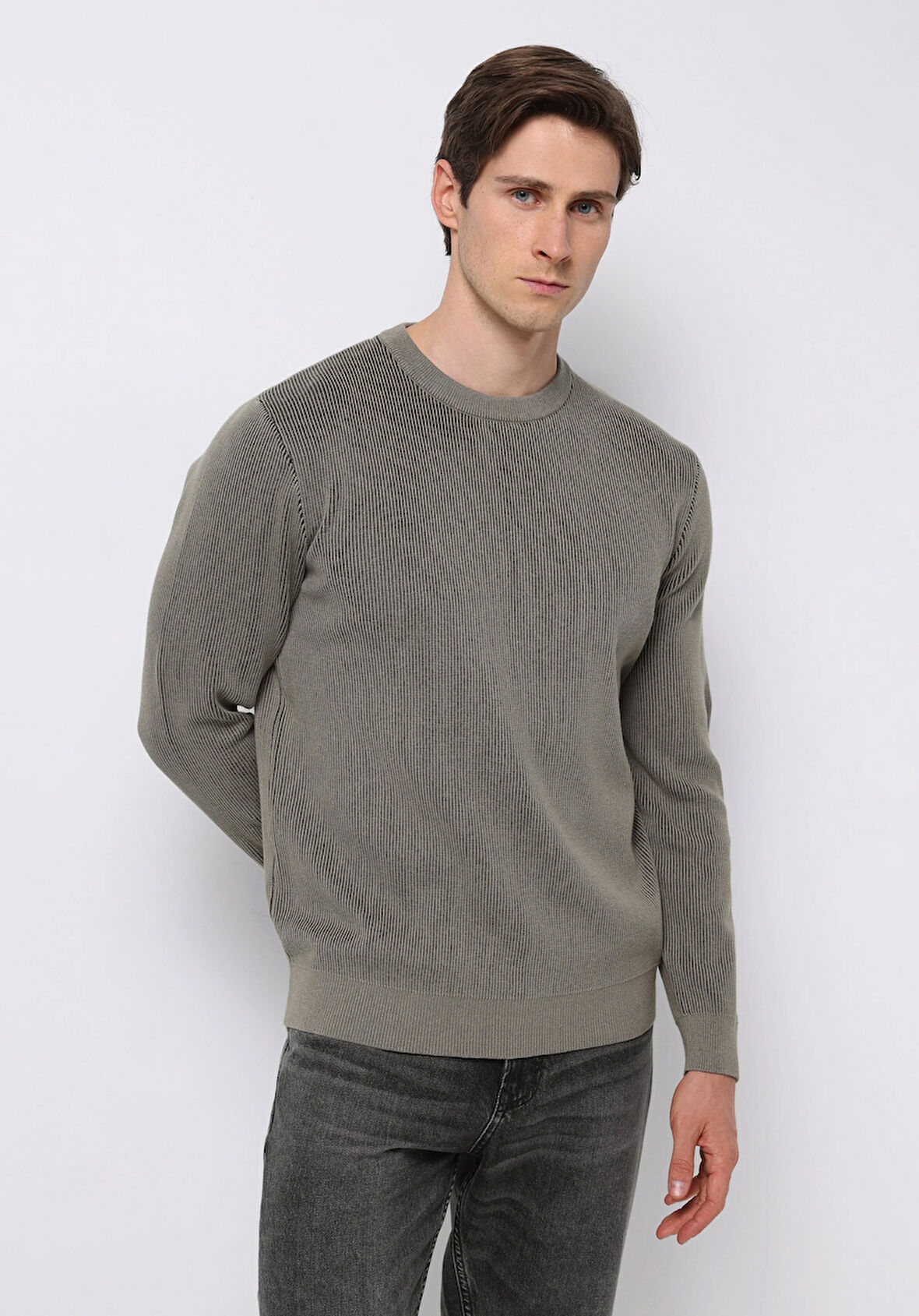 Regular Fit Yuvarlak Yaka Jakarlı Erkek Yeşil Kazak