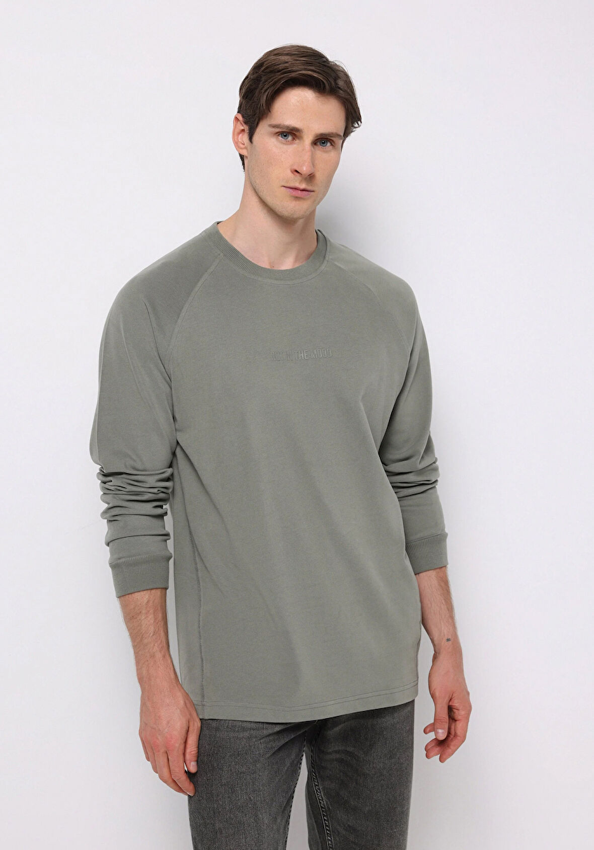 Comfort Fit Yuvarlak Yaka Düz Erkek Yeşil Uzun Kol Tişört