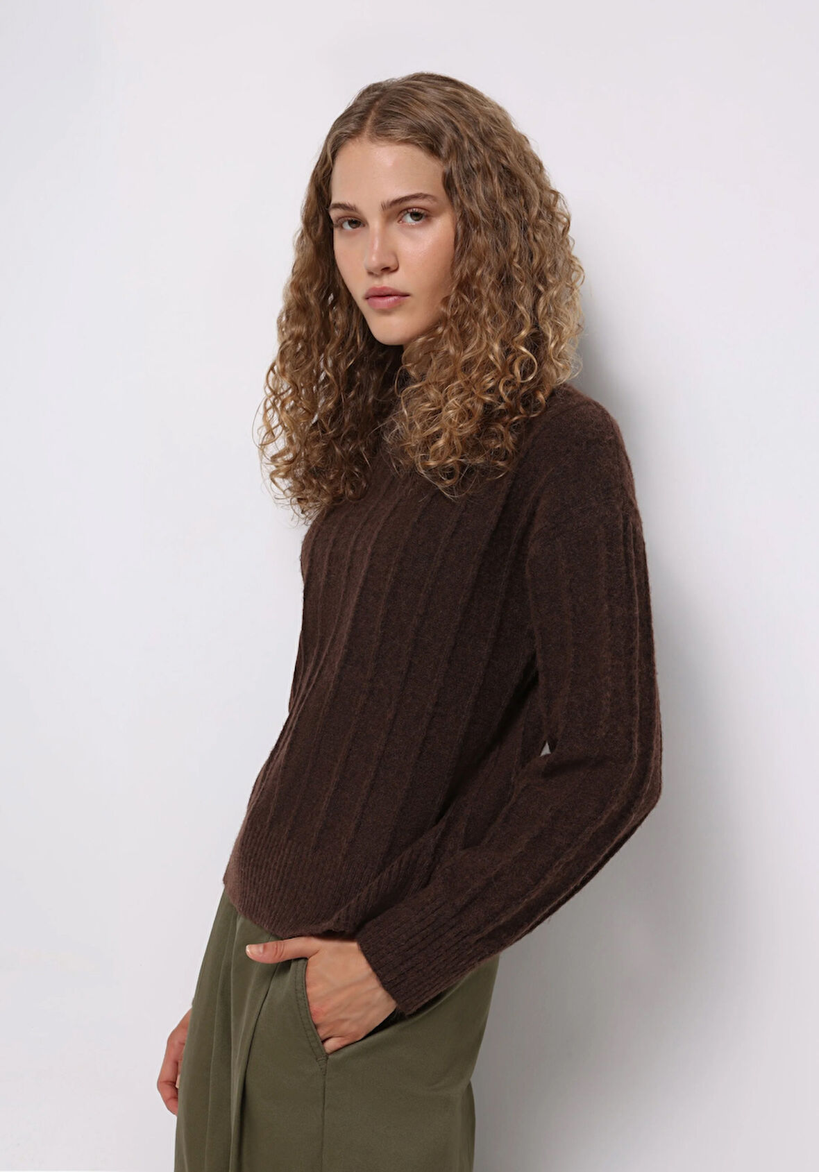 Regular Fit Yarım Balıkçı Yaka Düz Kadın Kahverengi Kazak