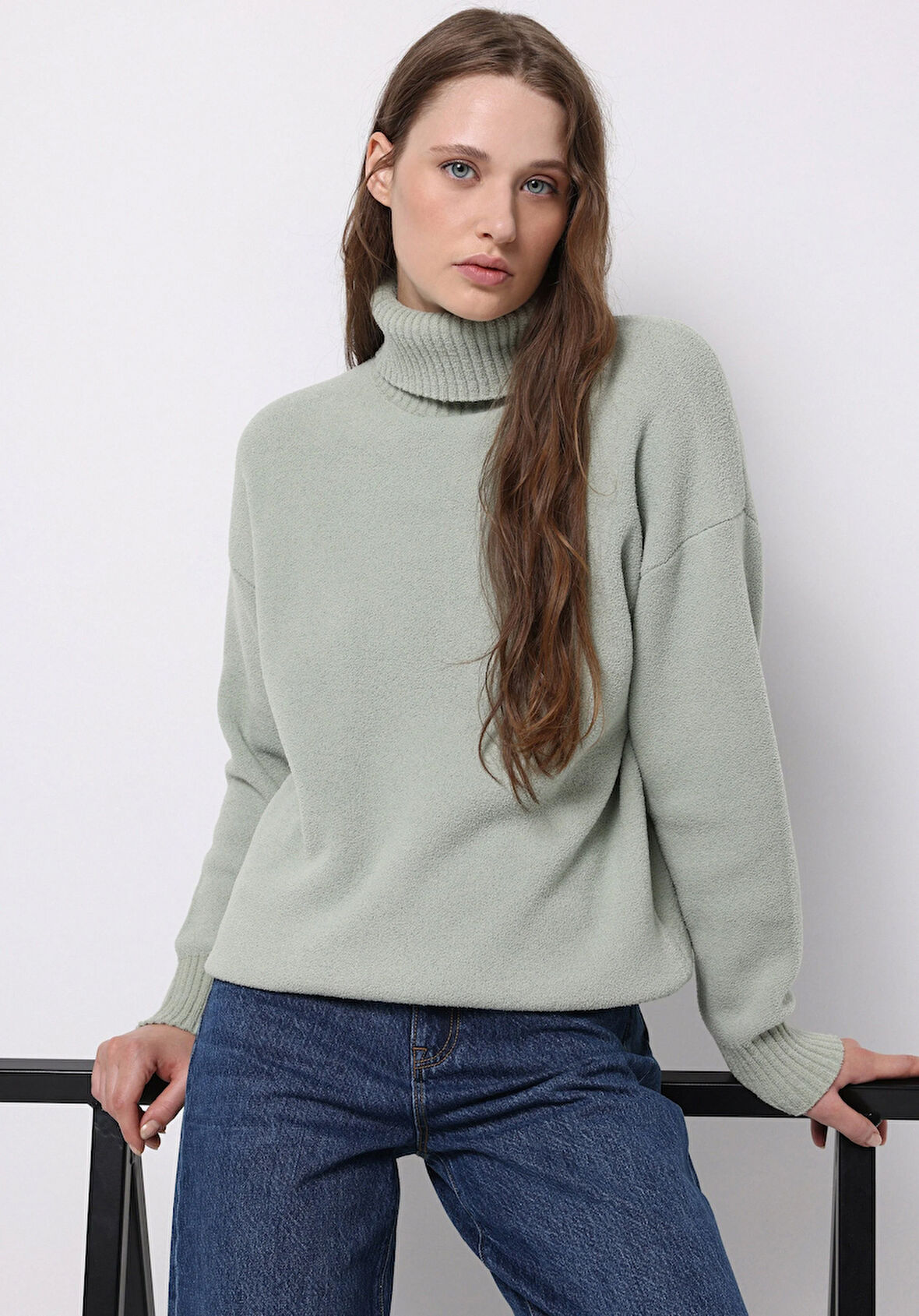 Regular Fit Balıkçı Yaka Düz Kadın Yeşil Kazak