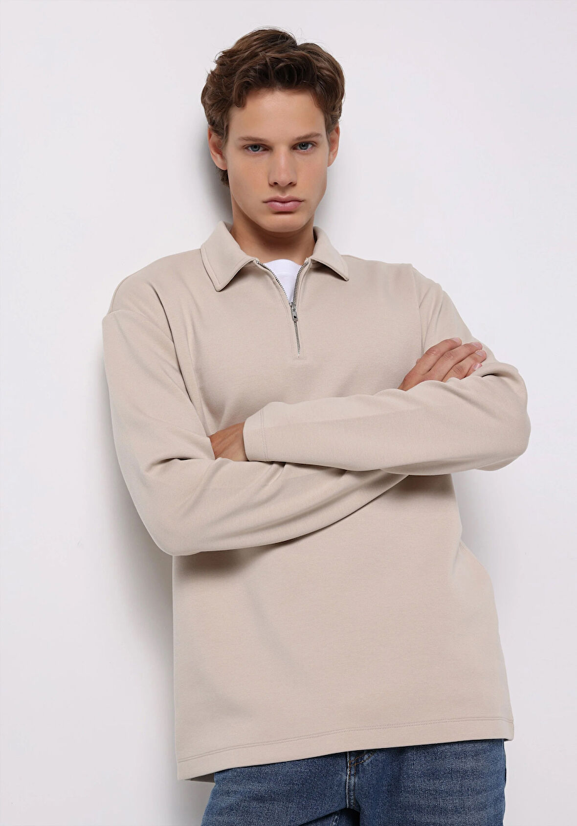 Comfort Fit Polo Yaka Düz Erkek Bej Uzun Kol Tişört