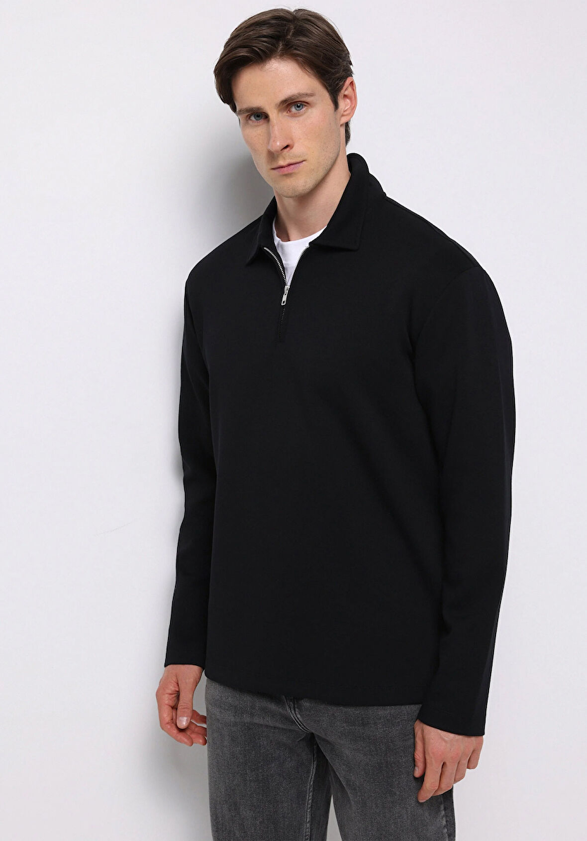Comfort Fit Polo Yaka Düz Erkek Siyah Uzun Kol Tişört