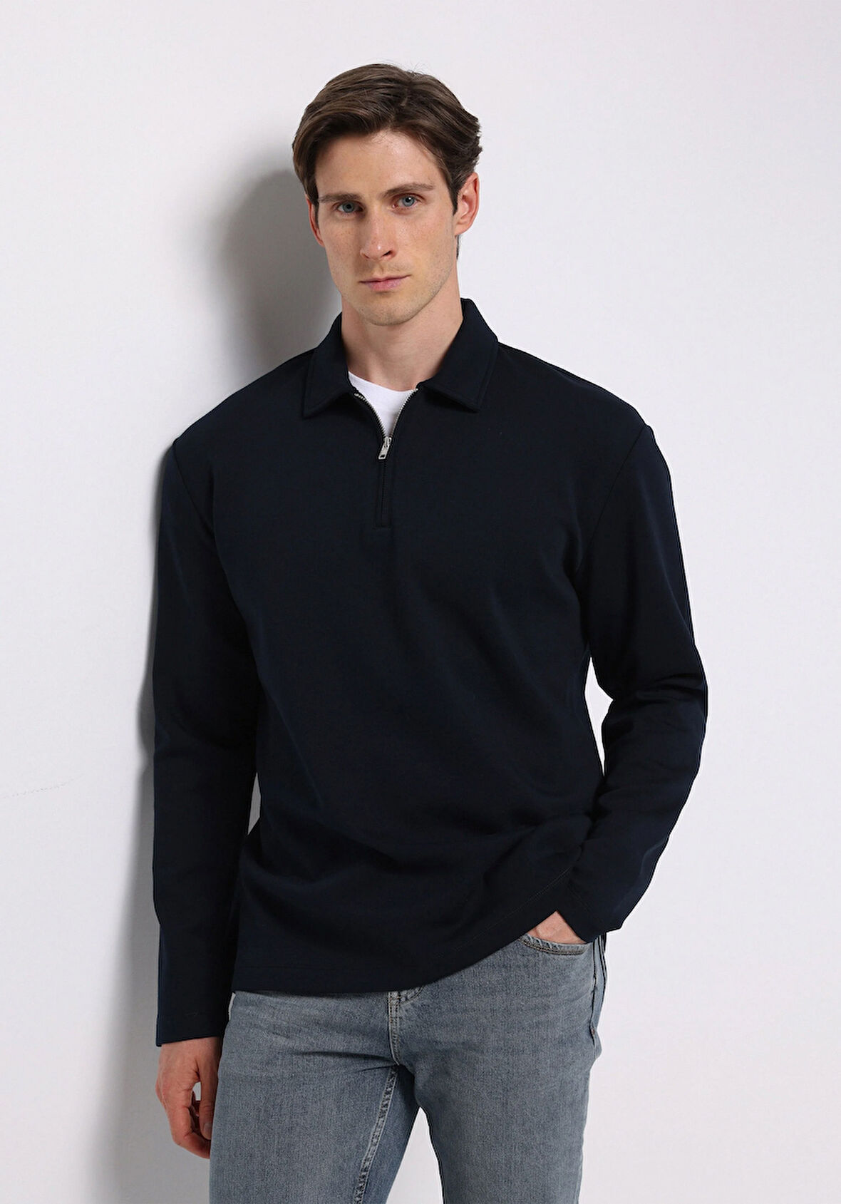 Comfort Fit Polo Yaka Düz Erkek Lacivert Uzun Kol Tişört