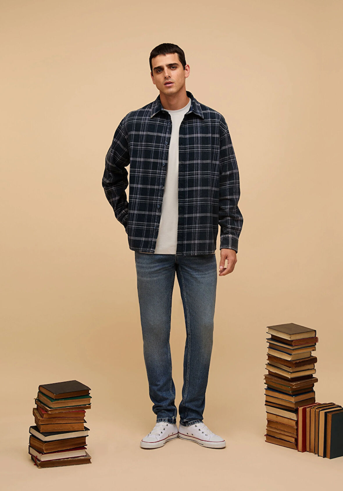 Slim Fit Shirt Neck Ekoseli Erkek Lacivert Uzun Kol Gömlek