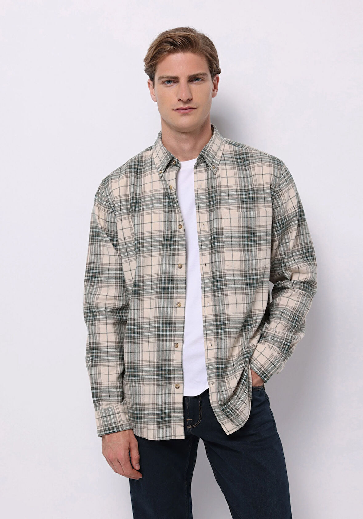 Regular Fit Shirt Neck Ekoseli Erkek Bej Uzun Kol Gömlek