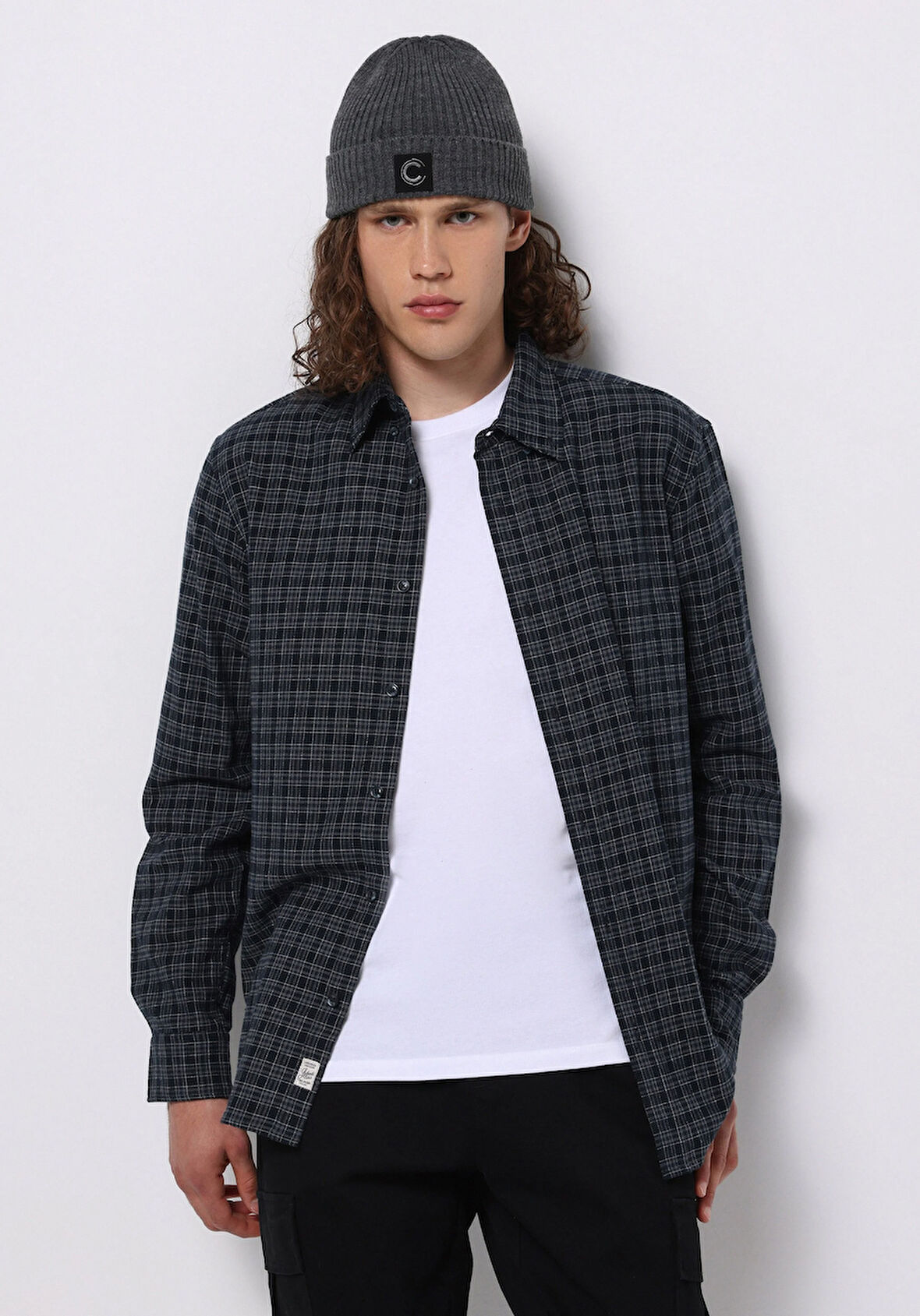 Regular Fit Shirt Neck Ekoseli Erkek Lacivert Uzun Kol Gömlek